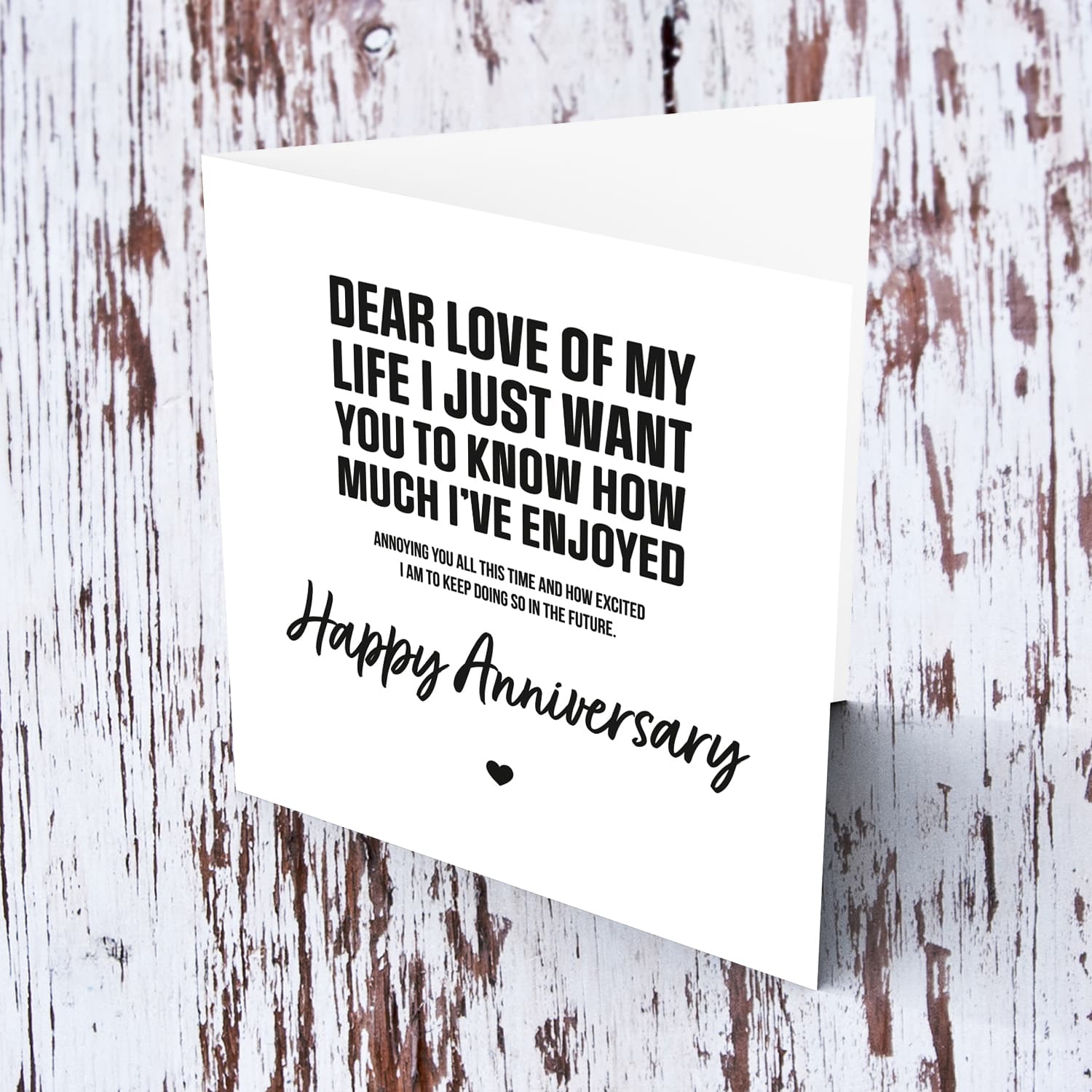 Funny minimalist anniversary card in black text in English (Unisex)