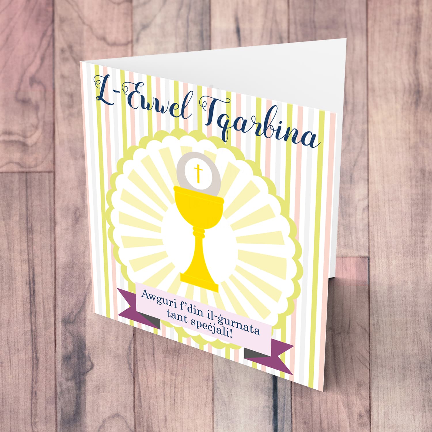 Striped background Holy Communion card in Maltese for  Girls