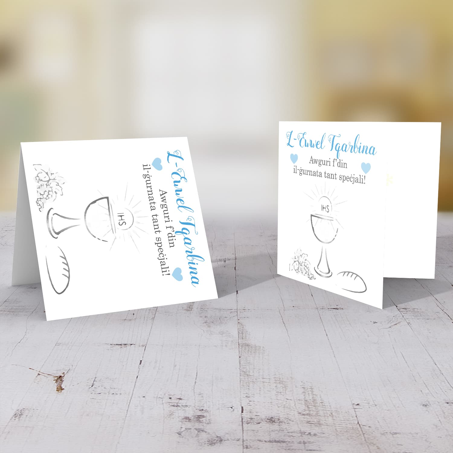 Holy Communion card for boys with grapes, bread, chalice and the holy communion