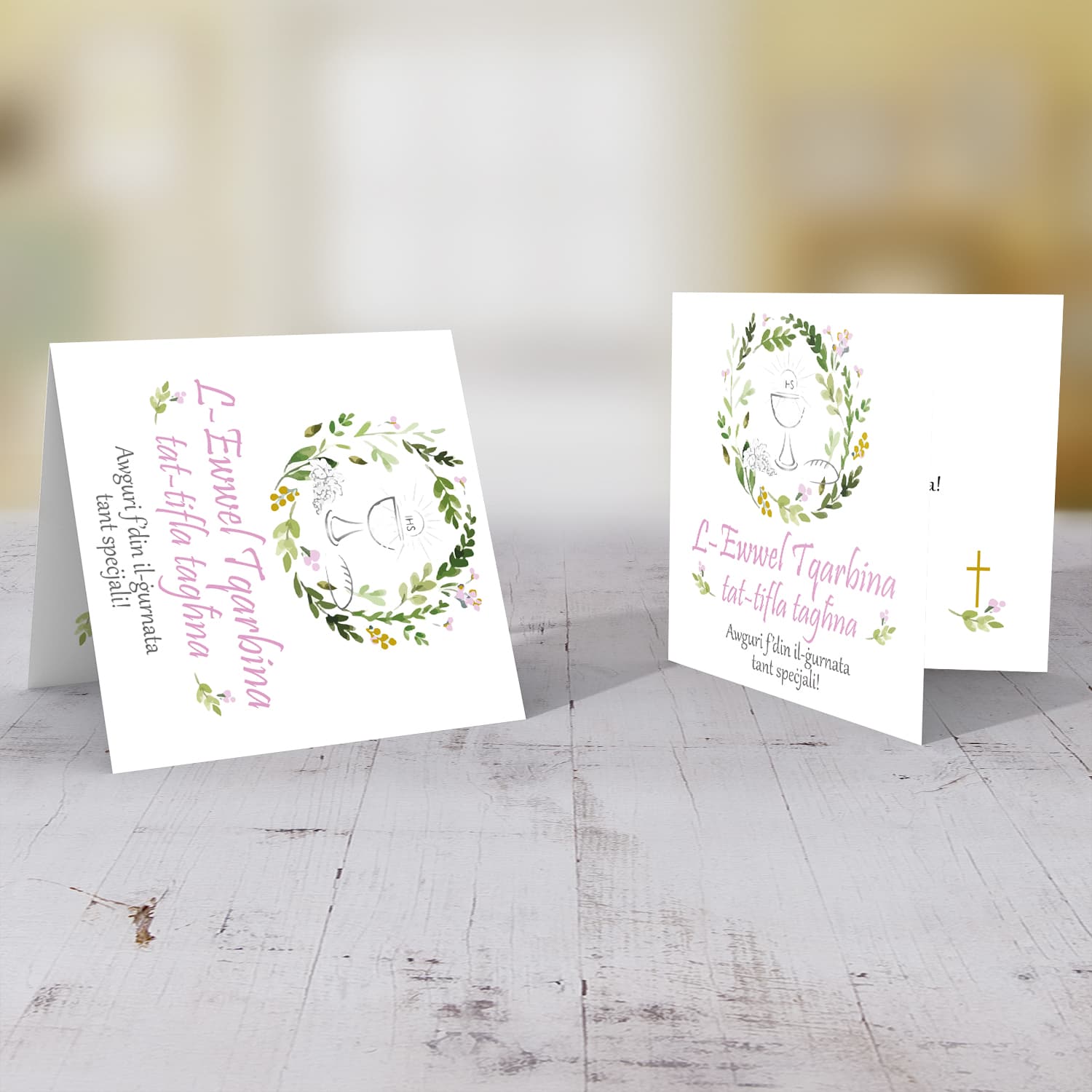 Daughter Holy Communion Card with floral wreath in pink tones 
