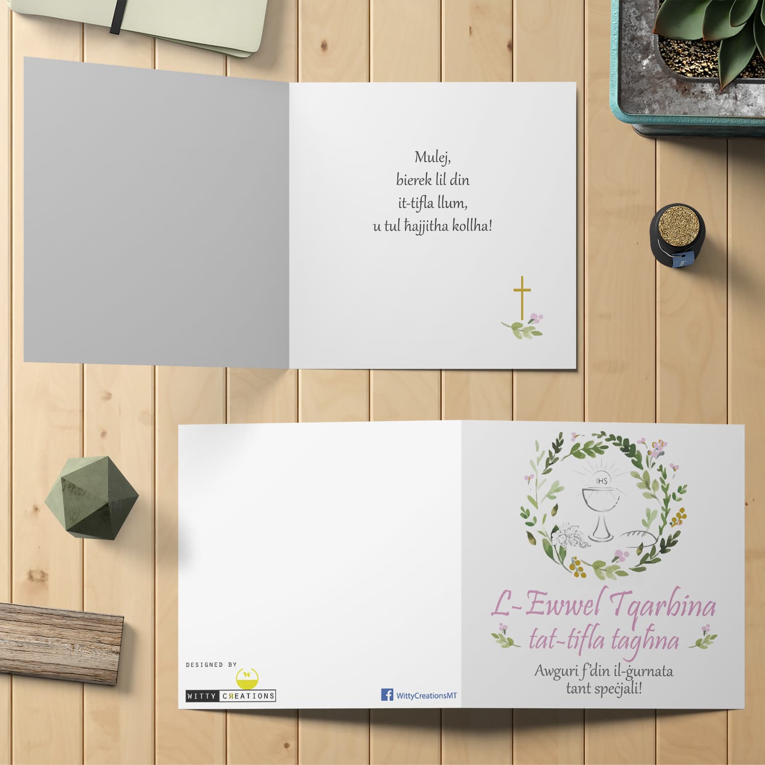 Daughter Holy Communion Card with floral wreath in pink tones 