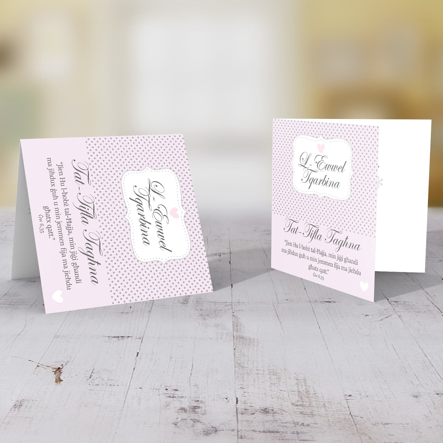Daughter Holy Communion Card with polka dot and pink background in Maltese