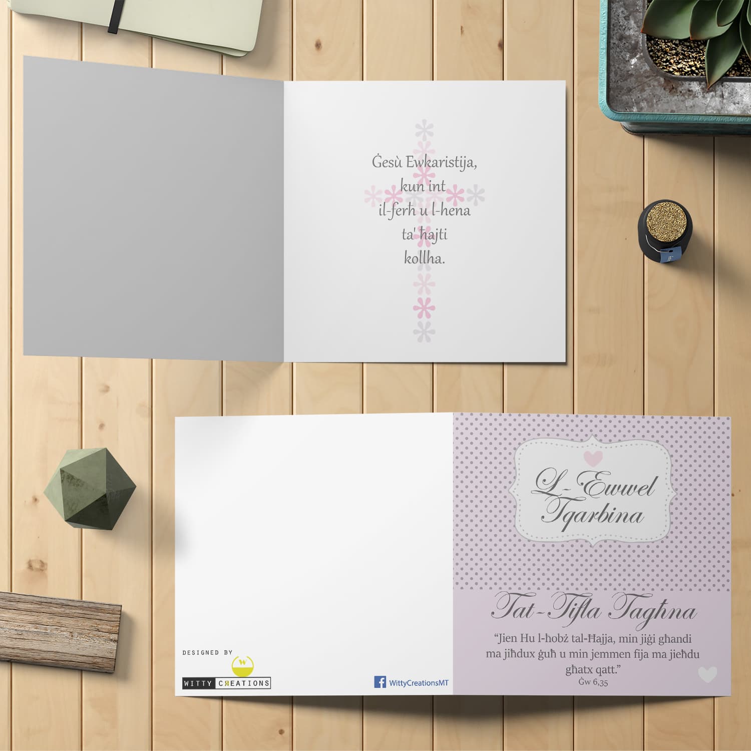 Daughter Holy Communion Card with polka dot and pink background in Maltese