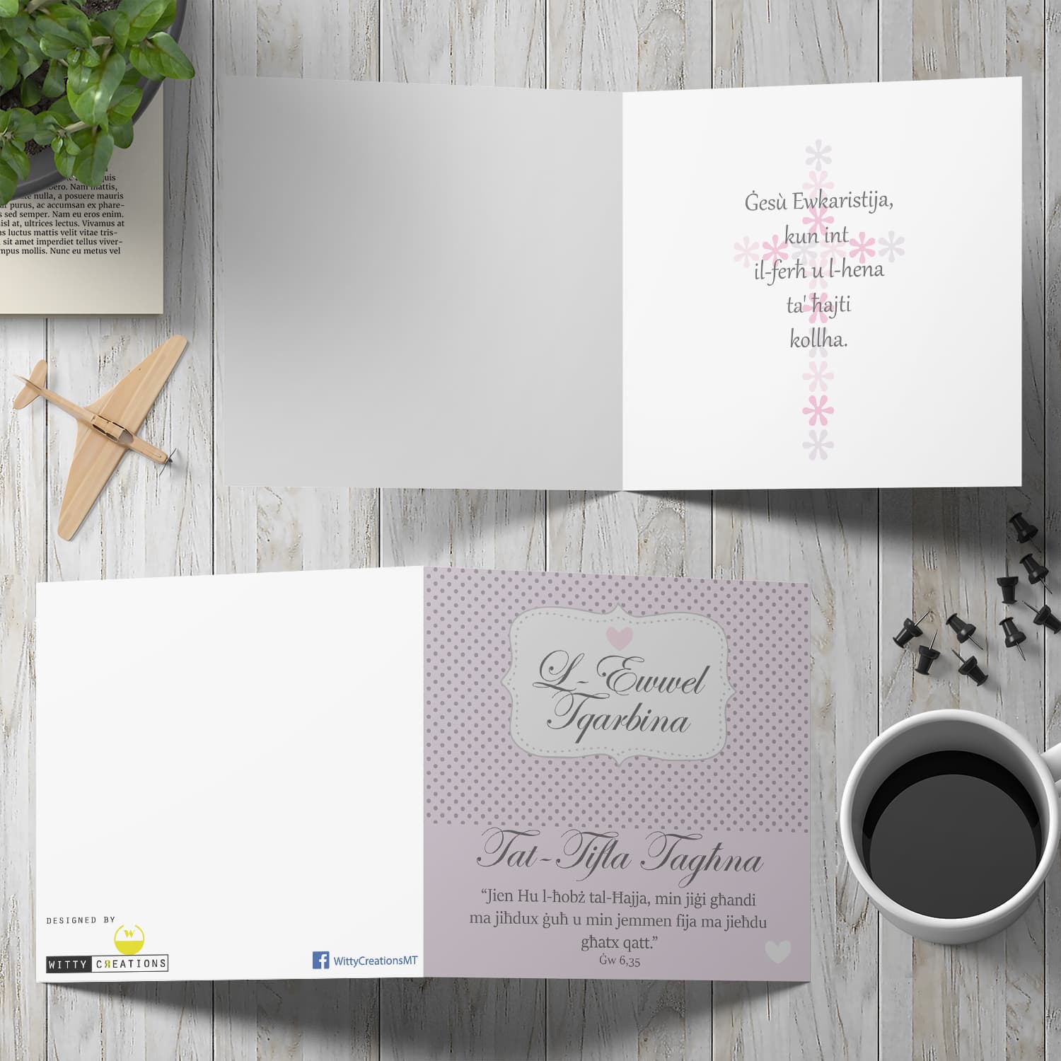 Daughter Holy Communion Card with polka dot and pink background in Maltese