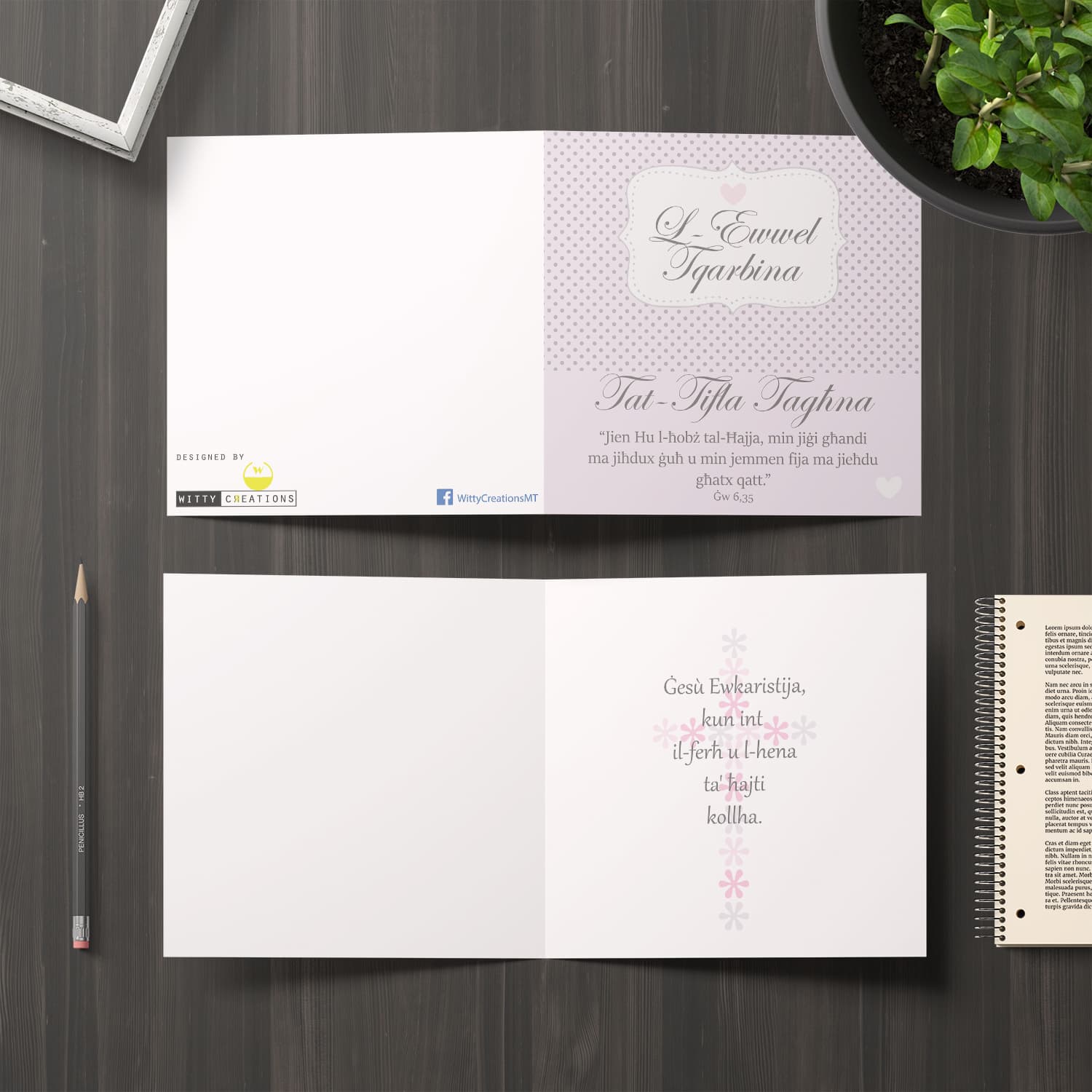 Daughter Holy Communion Card with polka dot and pink background in Maltese