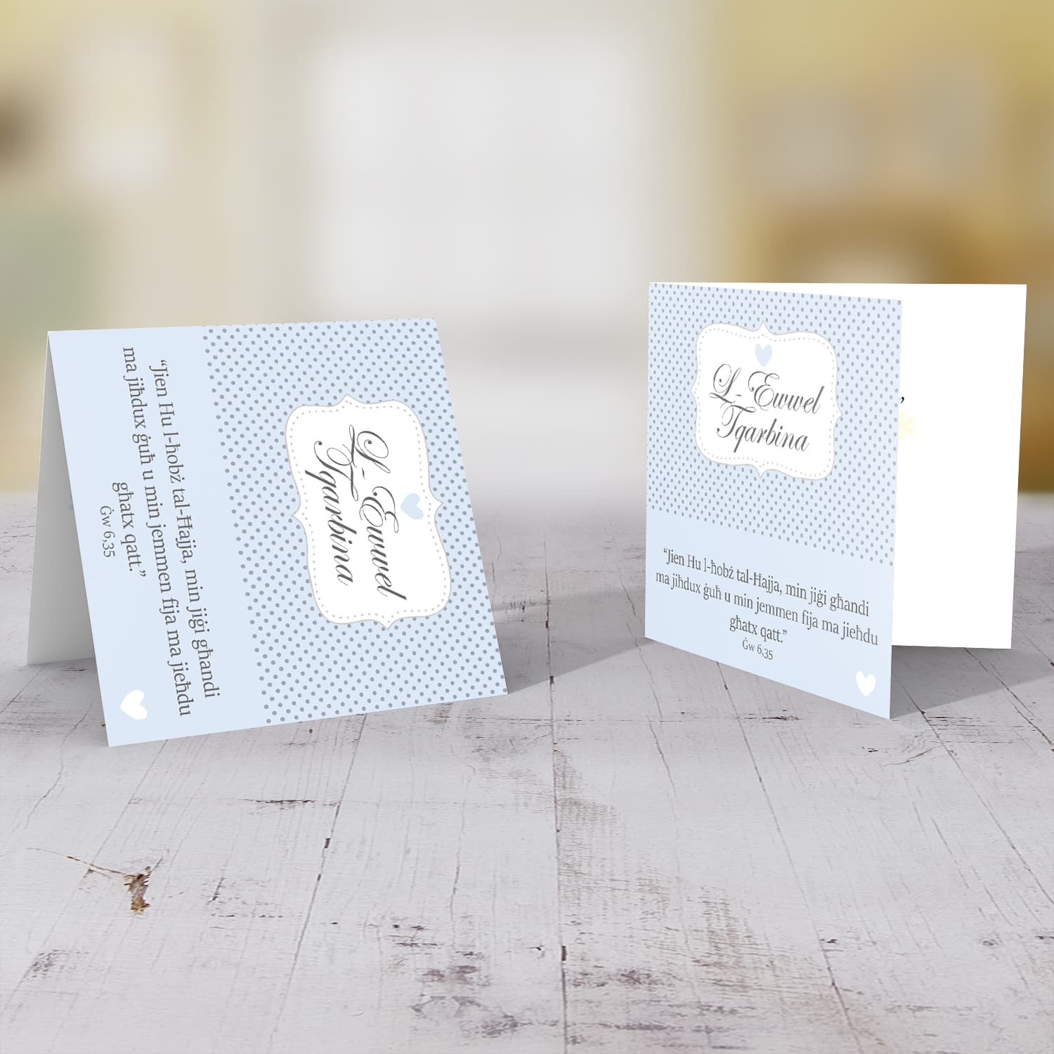 Blue polka dot Holy Communion Card for Boys in Maltese