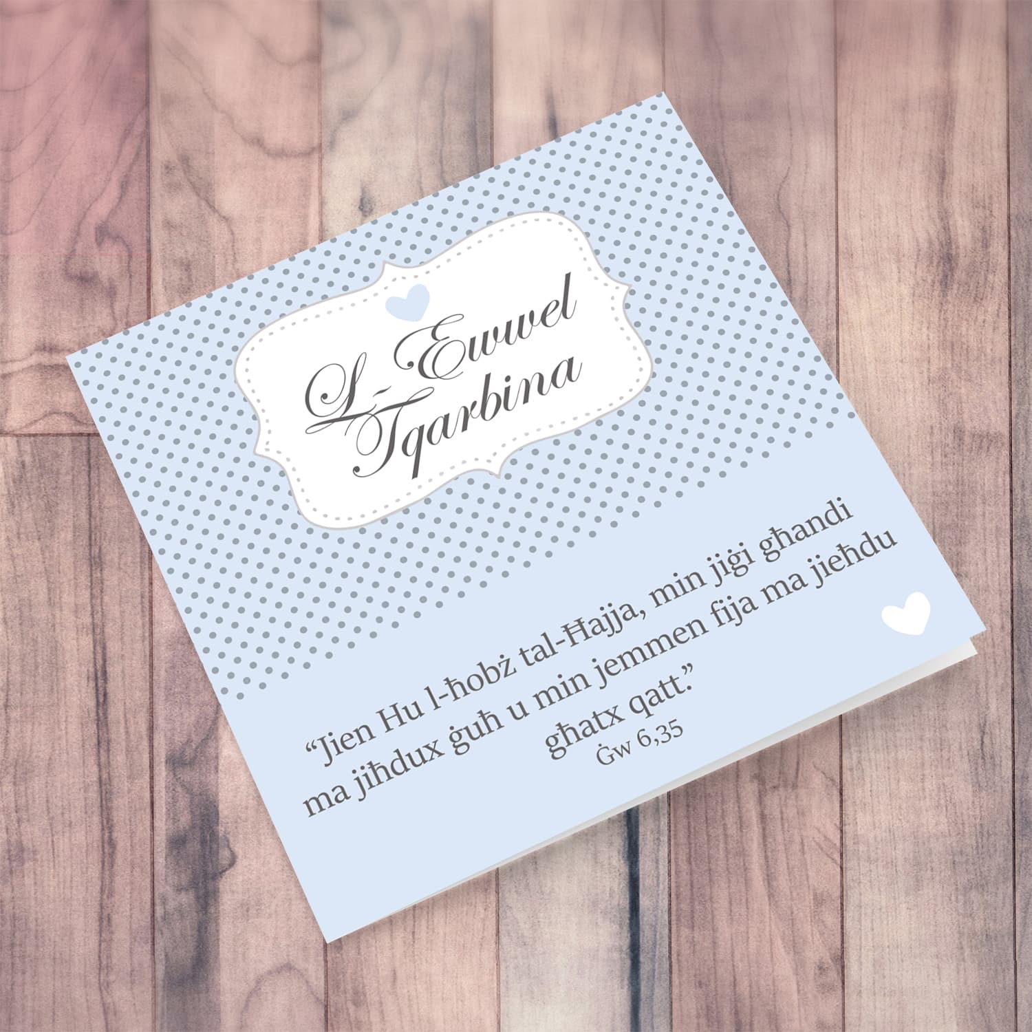 Blue polka dot Holy Communion Card for Boys in Maltese