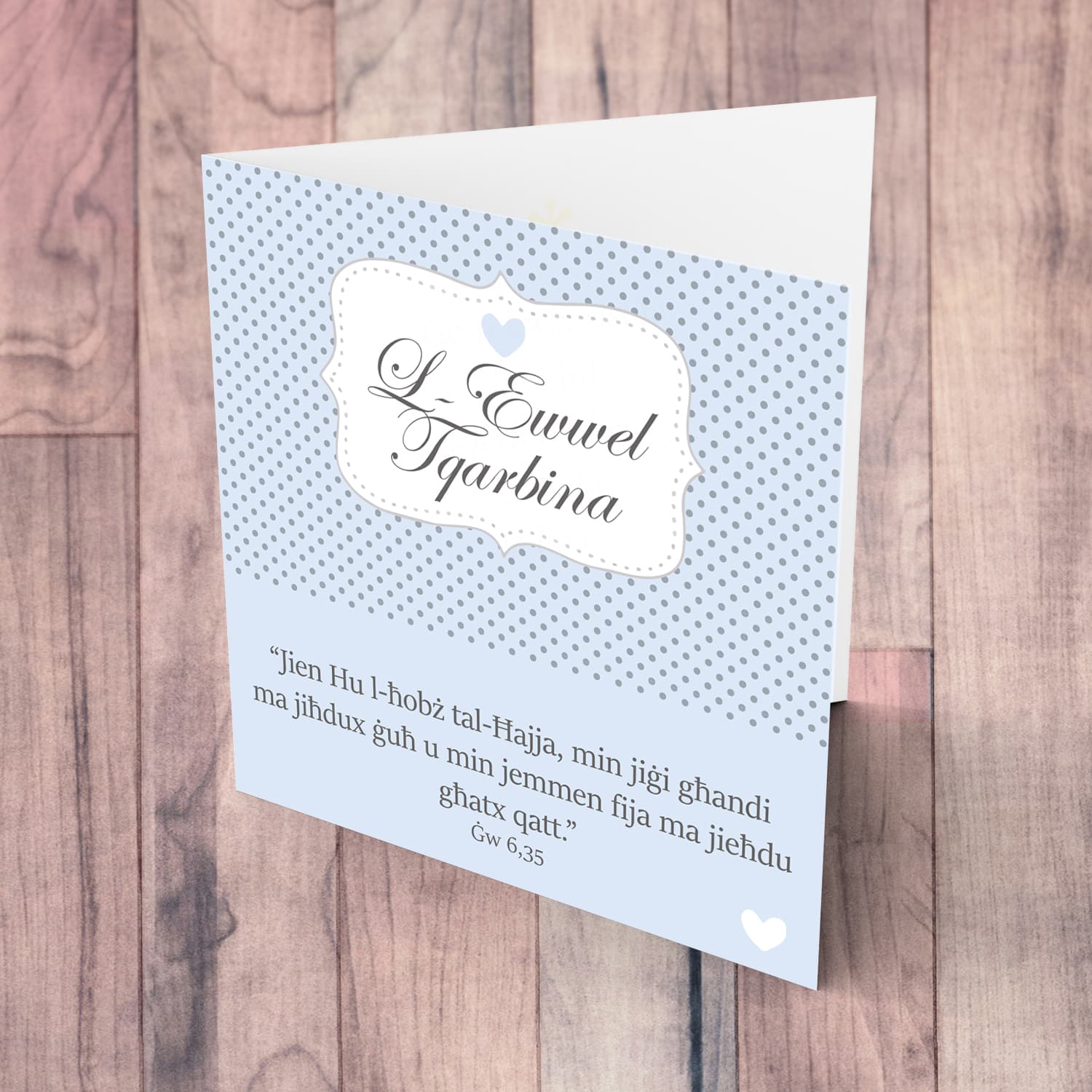 Blue polka dot Holy Communion Card for Boys in Maltese