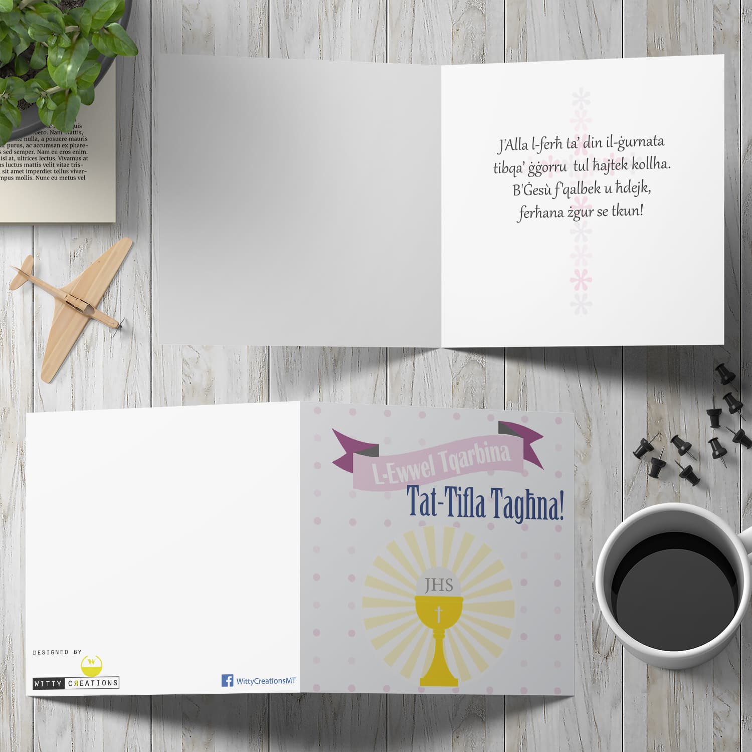 Daughter - Holy Communion Card for Daughter with pink polka dot background in Maltese