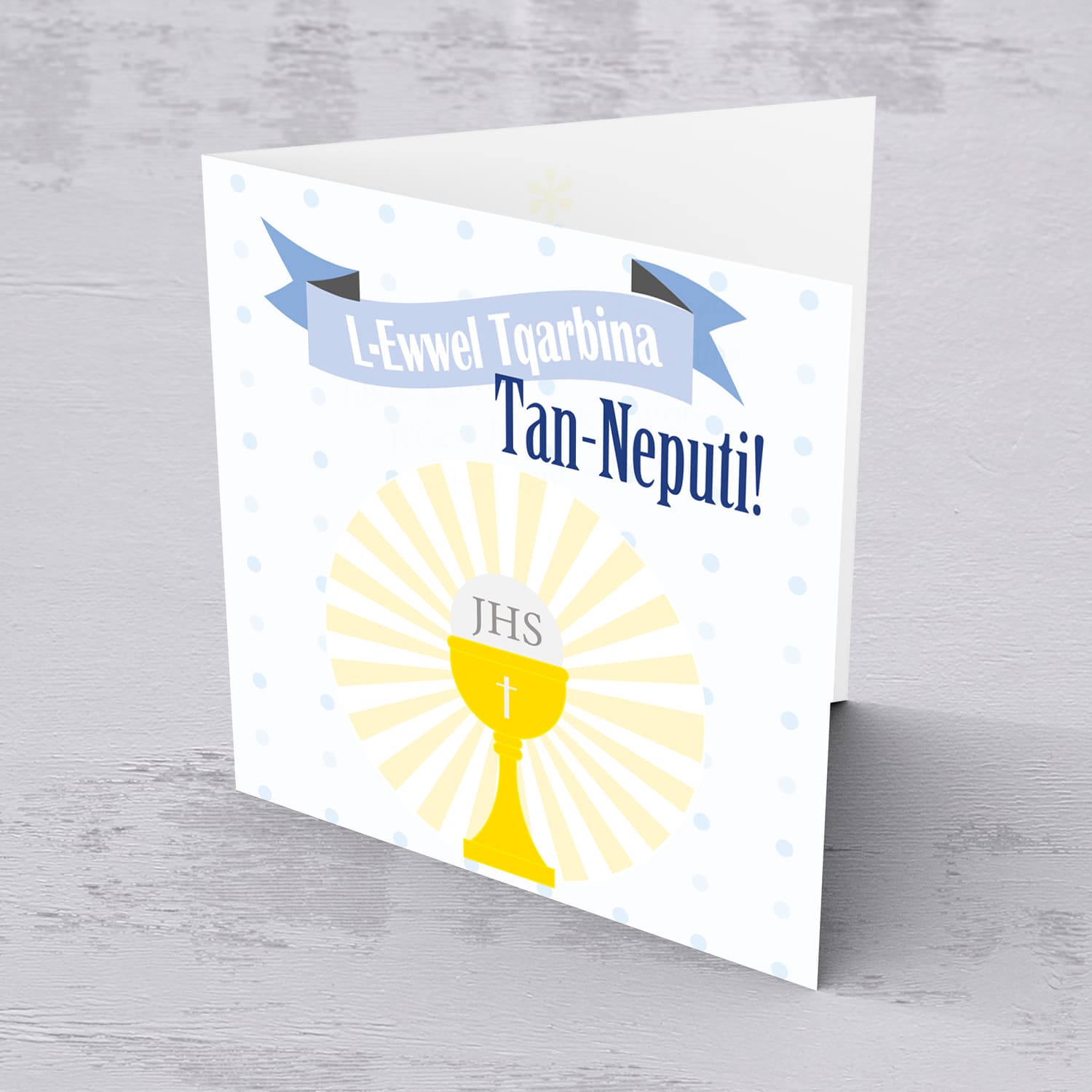 Nephew - Blue polka dot Holy Communion Card for Nephew in Maltese