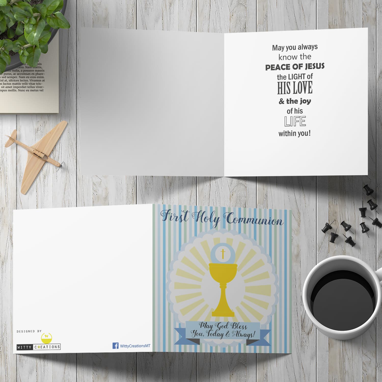Blue and green striped Holy Communion Card in English for Boys