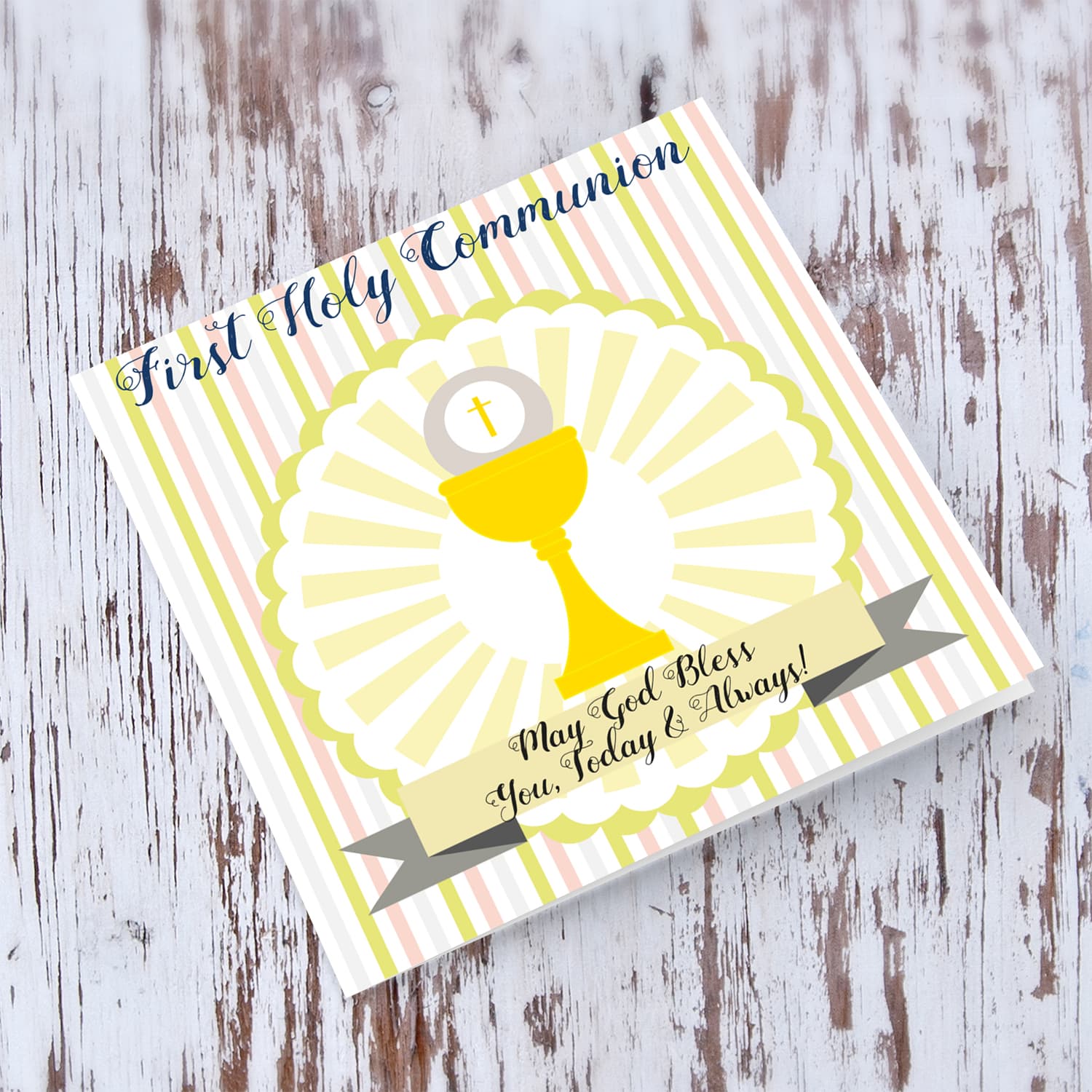Striped background Holy Communion card in English for Girls