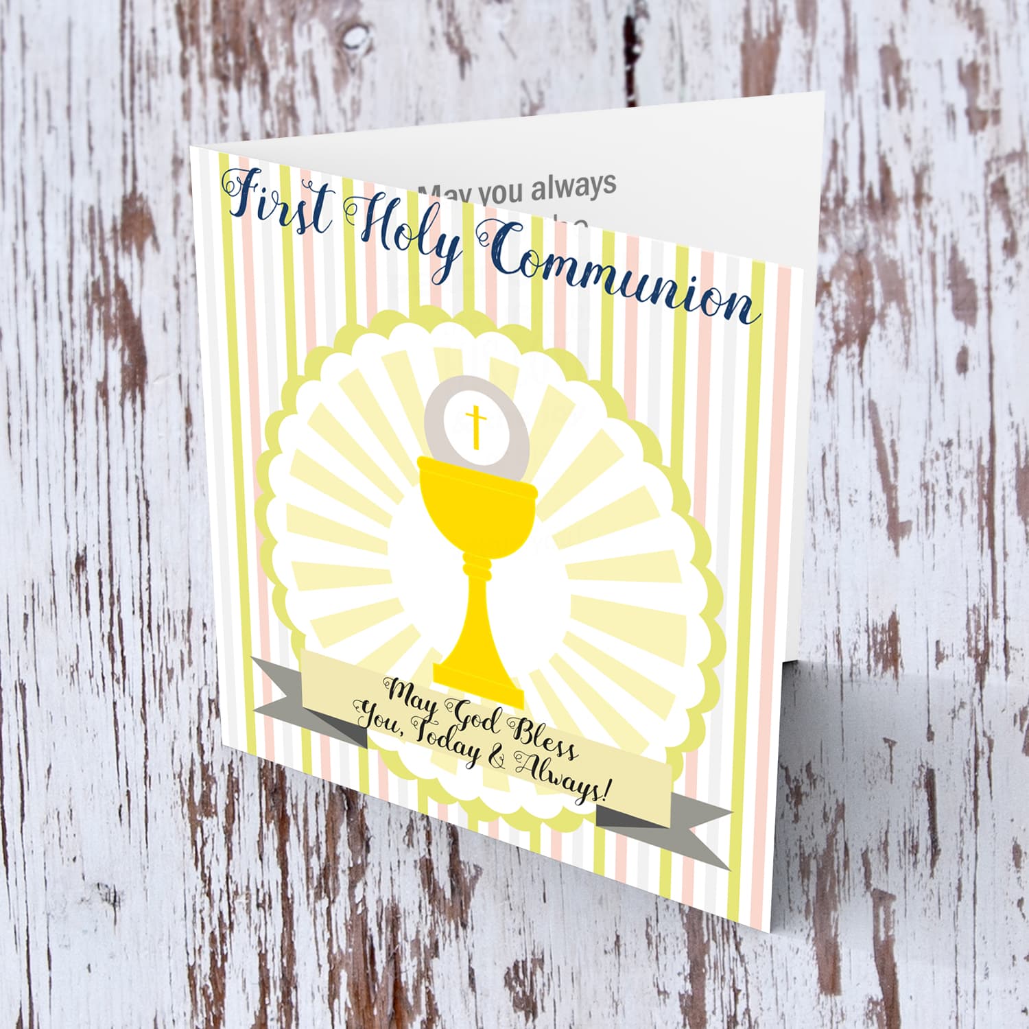 Striped background Holy Communion card in English for Girls