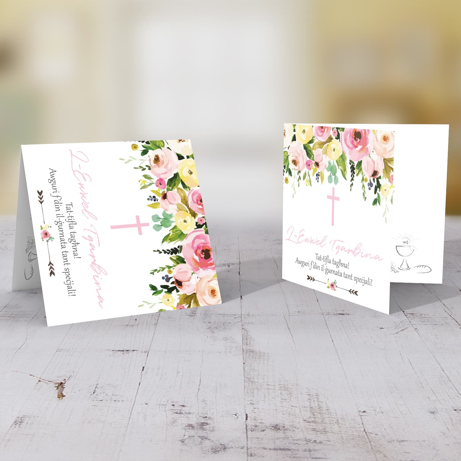 Daughter - Floral themed Holy Communion Card for Daughter with pink cross in Maltese
