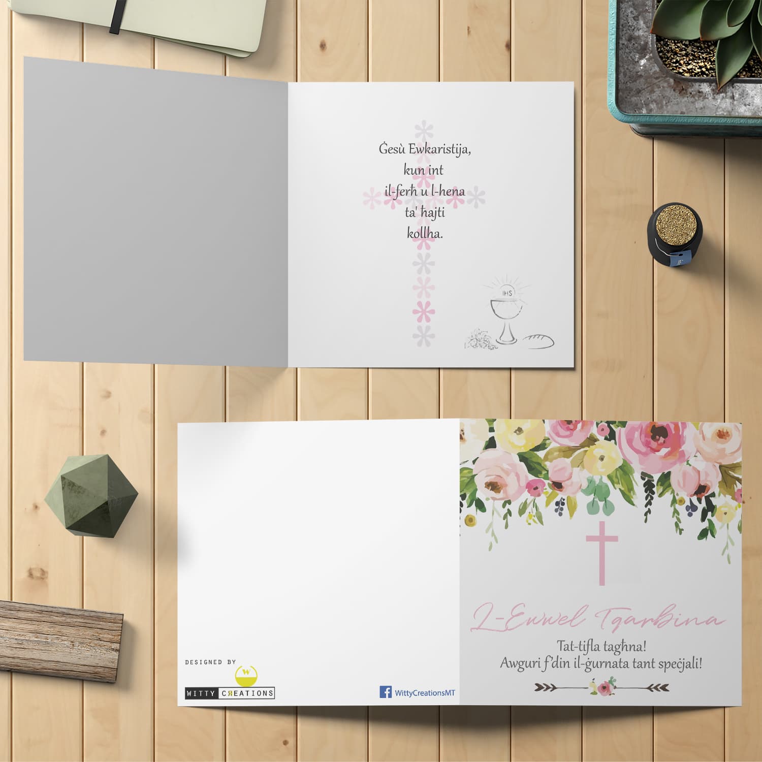 Daughter - Floral themed Holy Communion Card for Daughter with pink cross in Maltese
