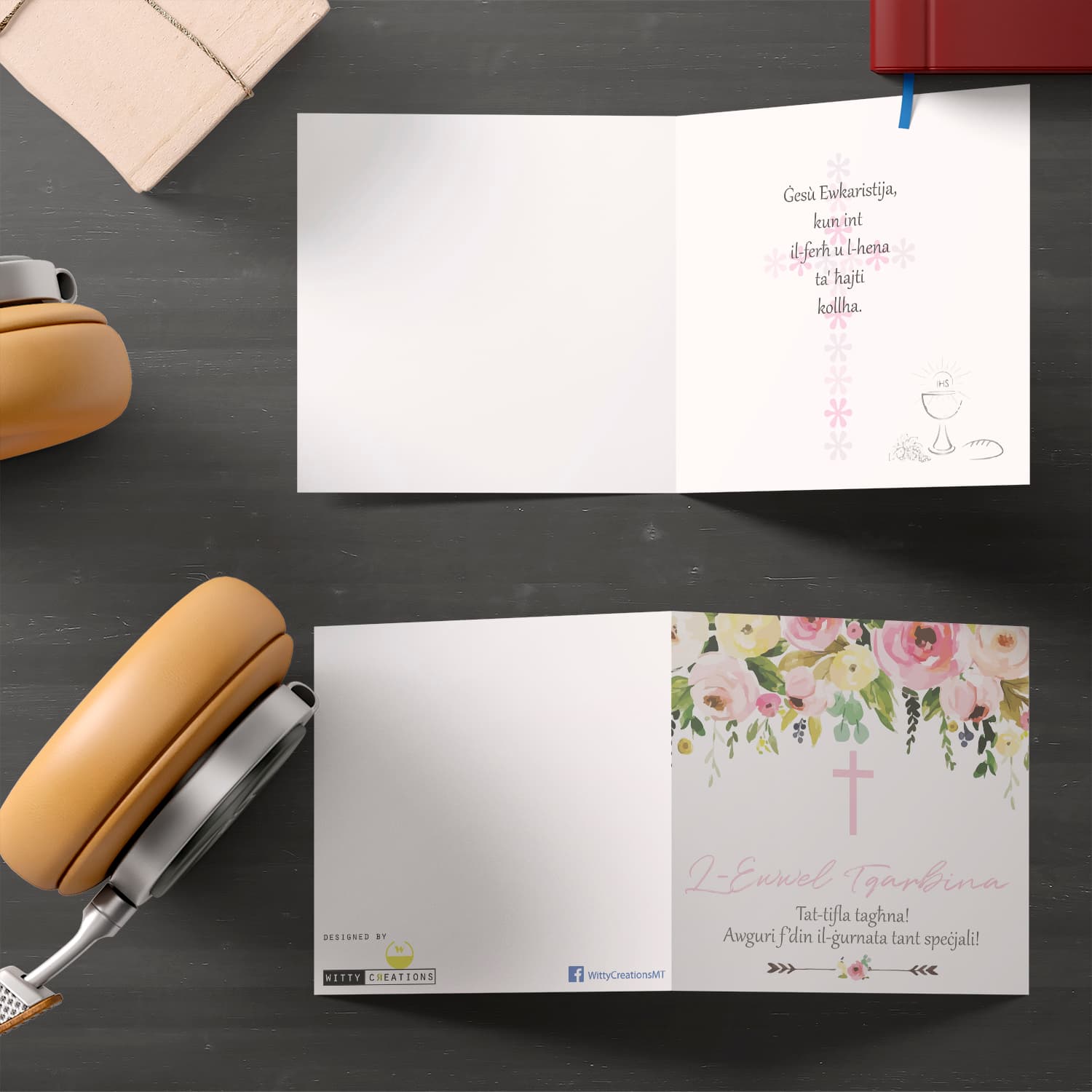 Daughter - Floral themed Holy Communion Card for Daughter with pink cross in Maltese
