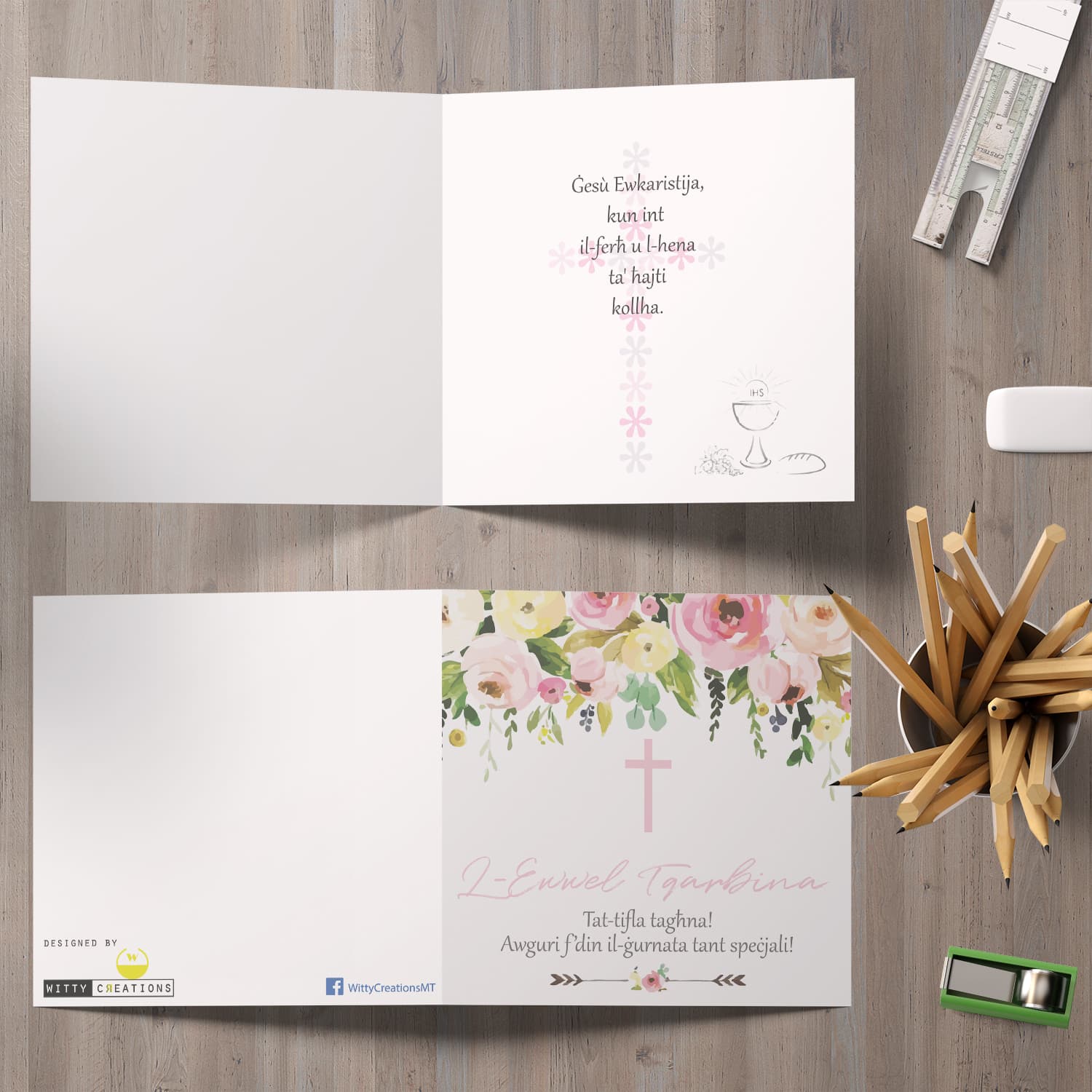 Daughter - Floral themed Holy Communion Card for Daughter with pink cross in Maltese
