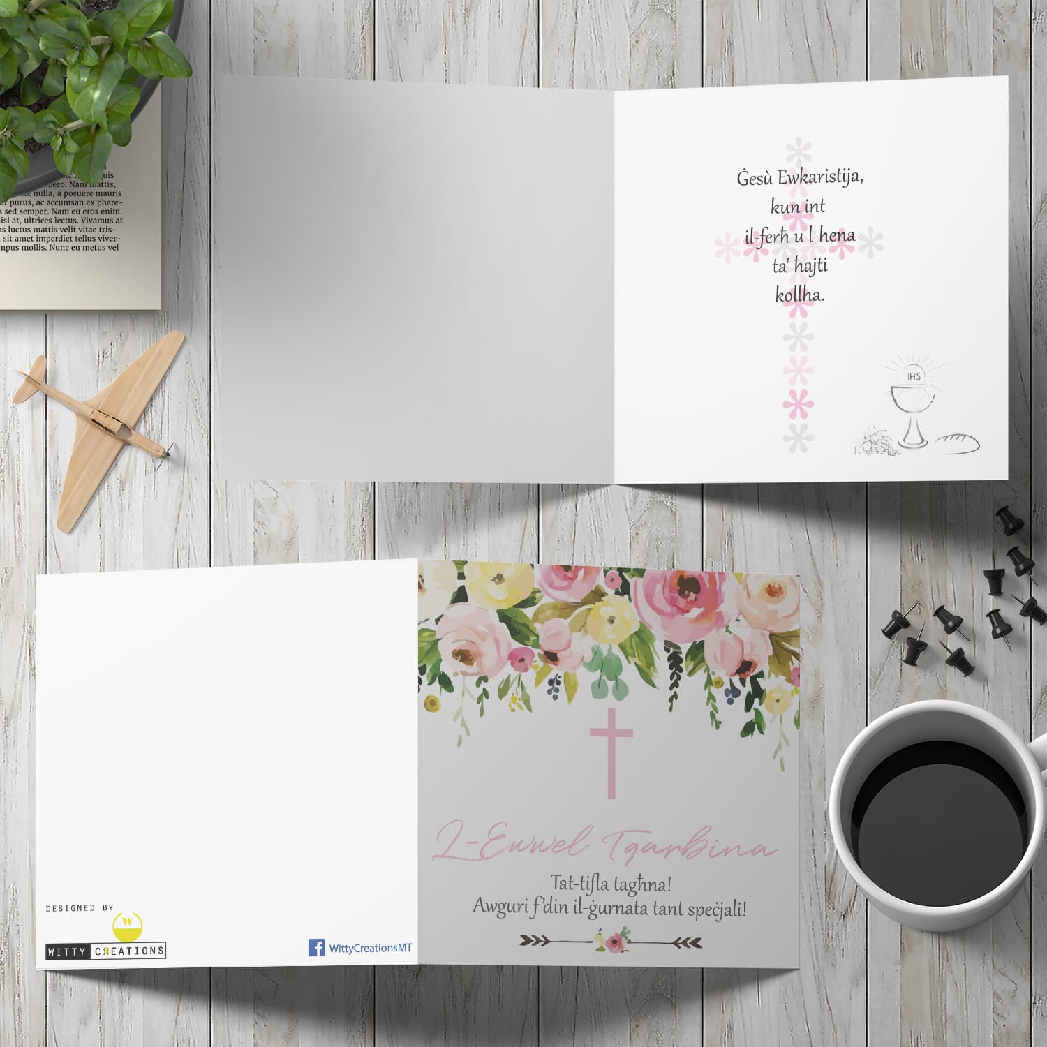 Daughter - Floral themed Holy Communion Card for Daughter with pink cross in Maltese