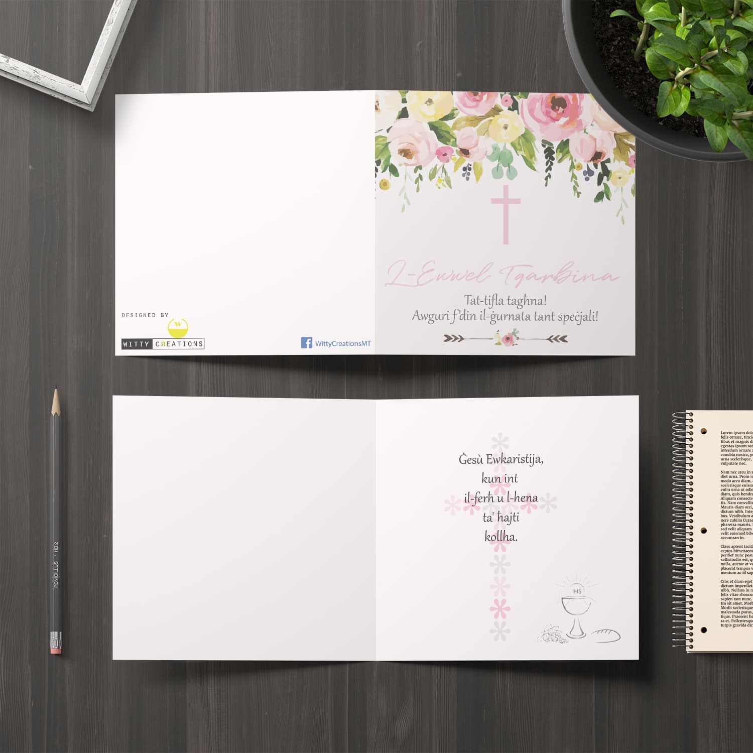 Daughter - Floral themed Holy Communion Card for Daughter with pink cross in Maltese