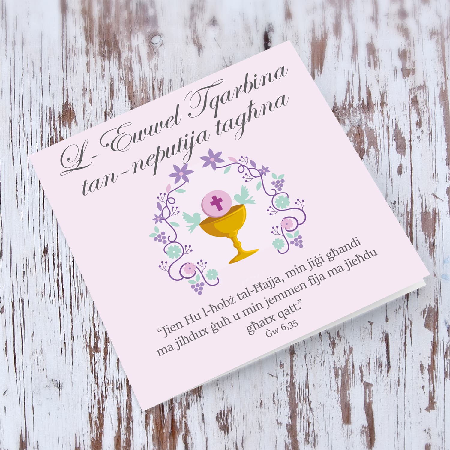 Niece - Holy Communion card for niece with pink polka dot in Maltese