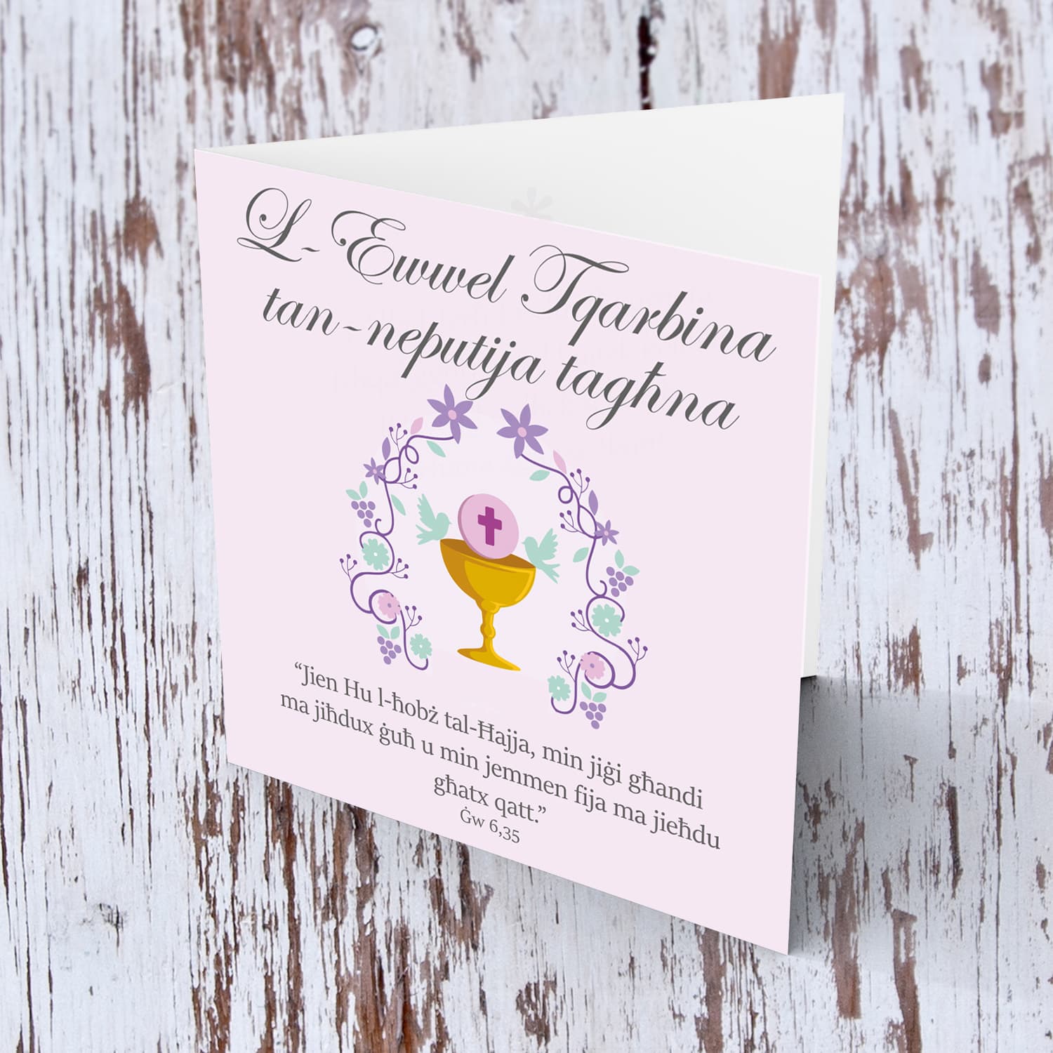 Niece - Holy Communion card for niece with pink polka dot in Maltese