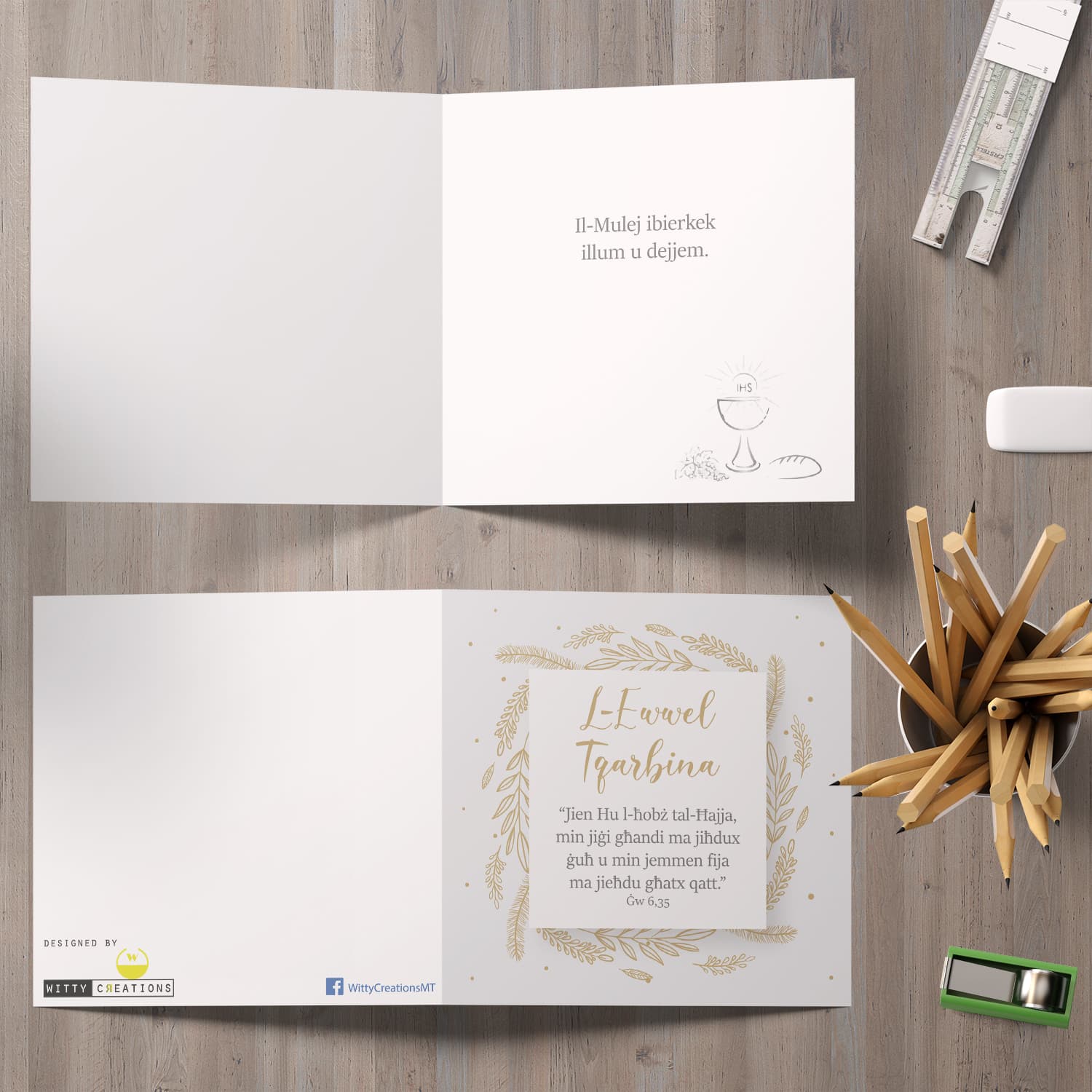 Gold tones Holy Communion Card in Maltese