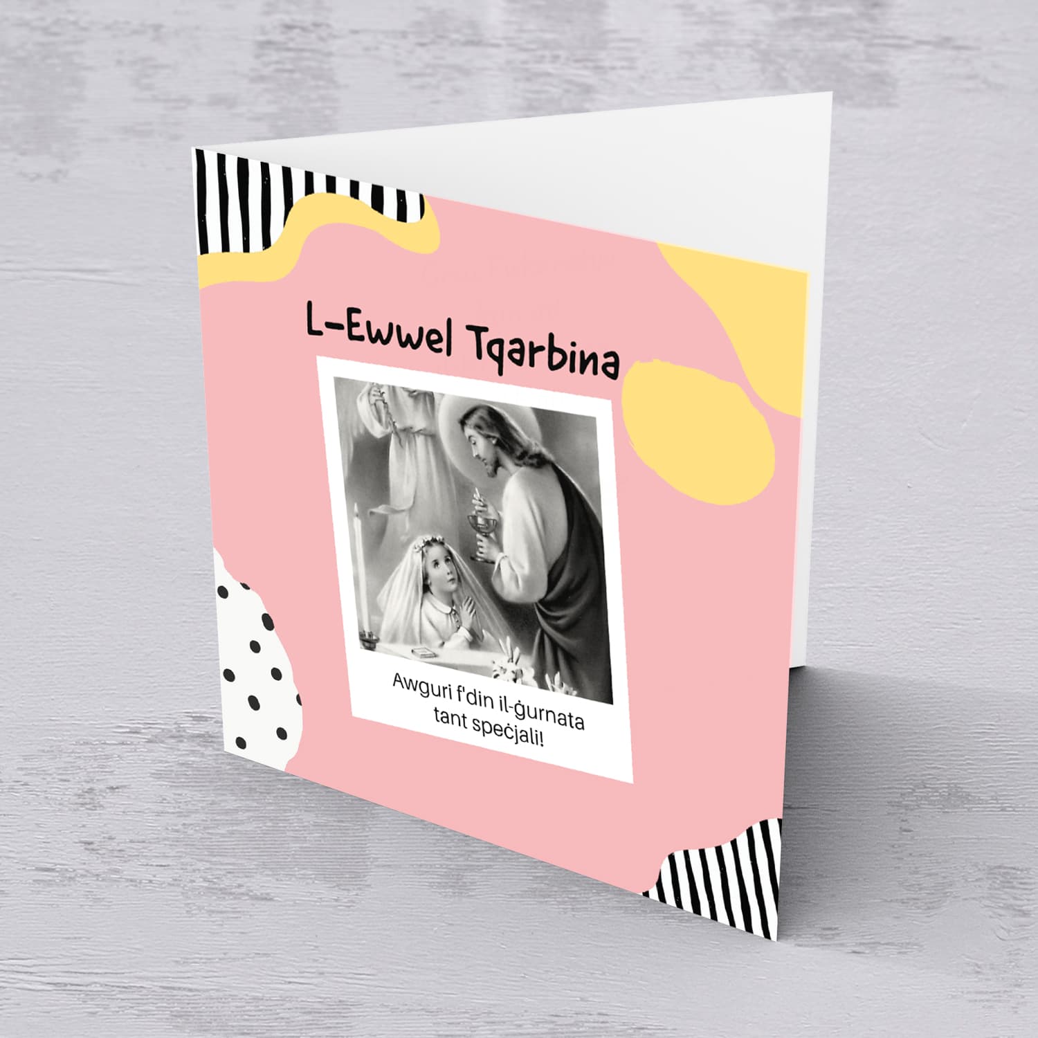 Traditional and modern holy communion card for girls in Maltese