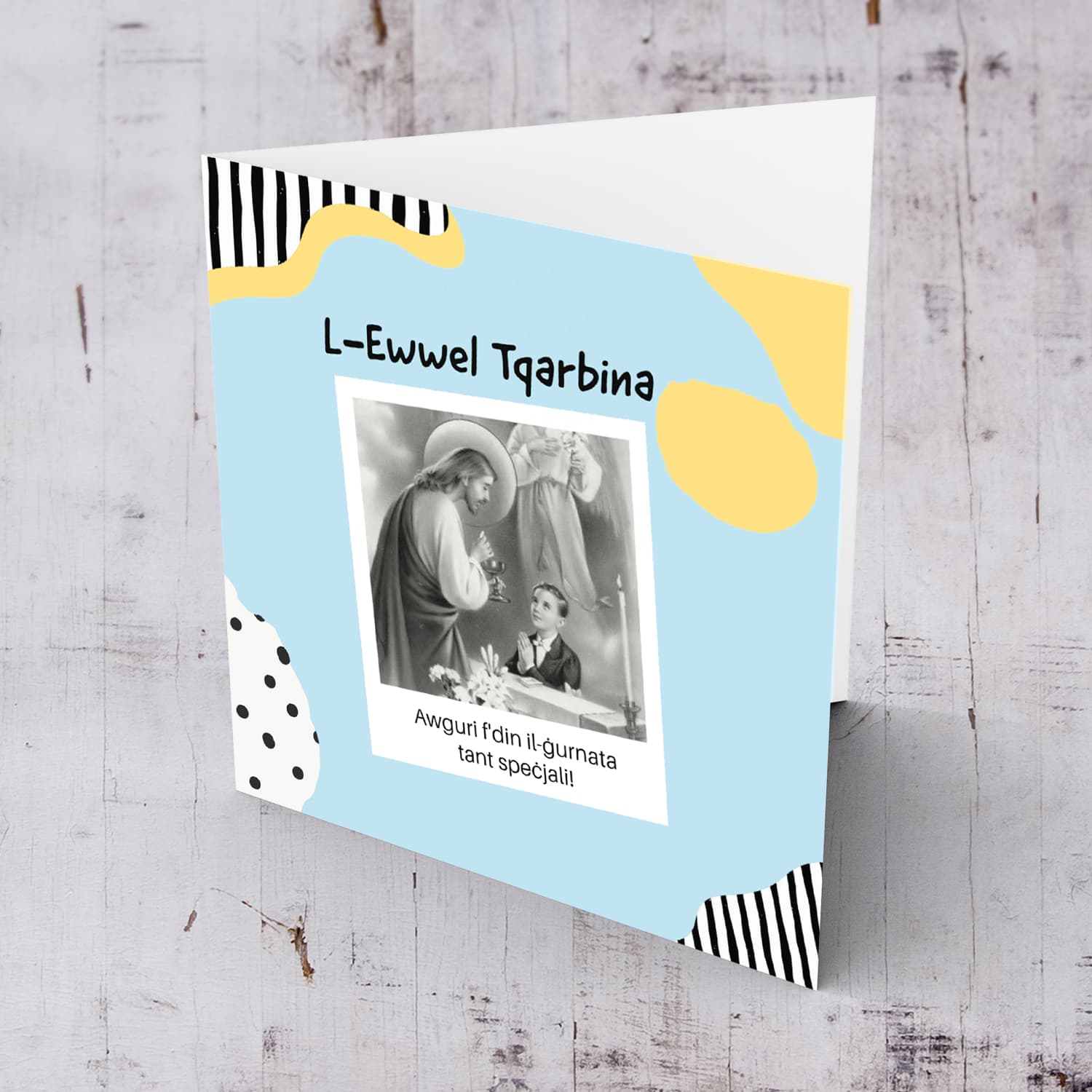 Traditional and modern holy communion card for boys in Maltese