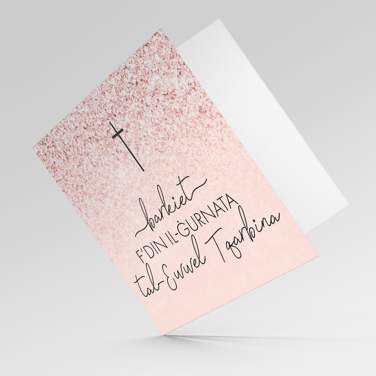 Pink Glitter with cross Holy Communion card for girls in Maltese
