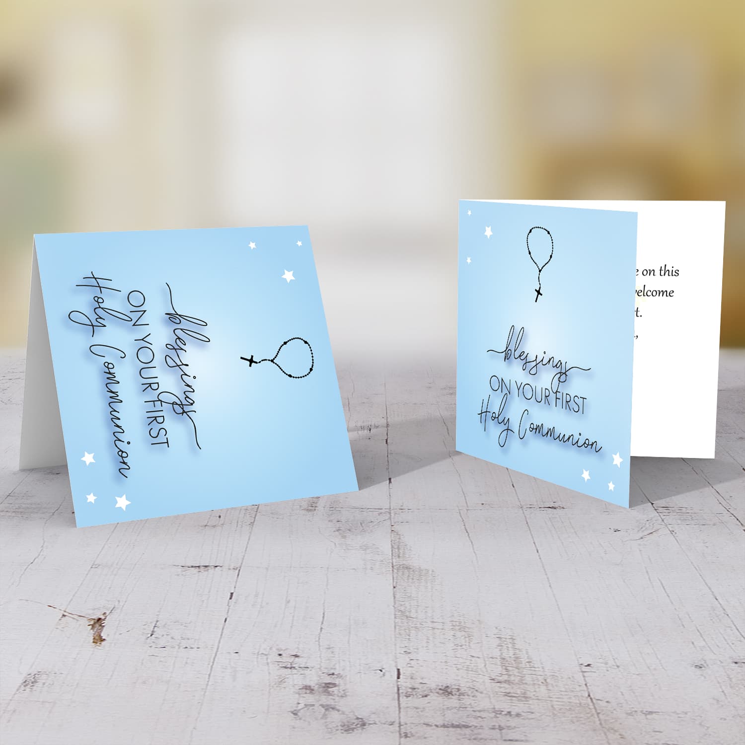 Blue background Holy Communion Card with rosary beads in English