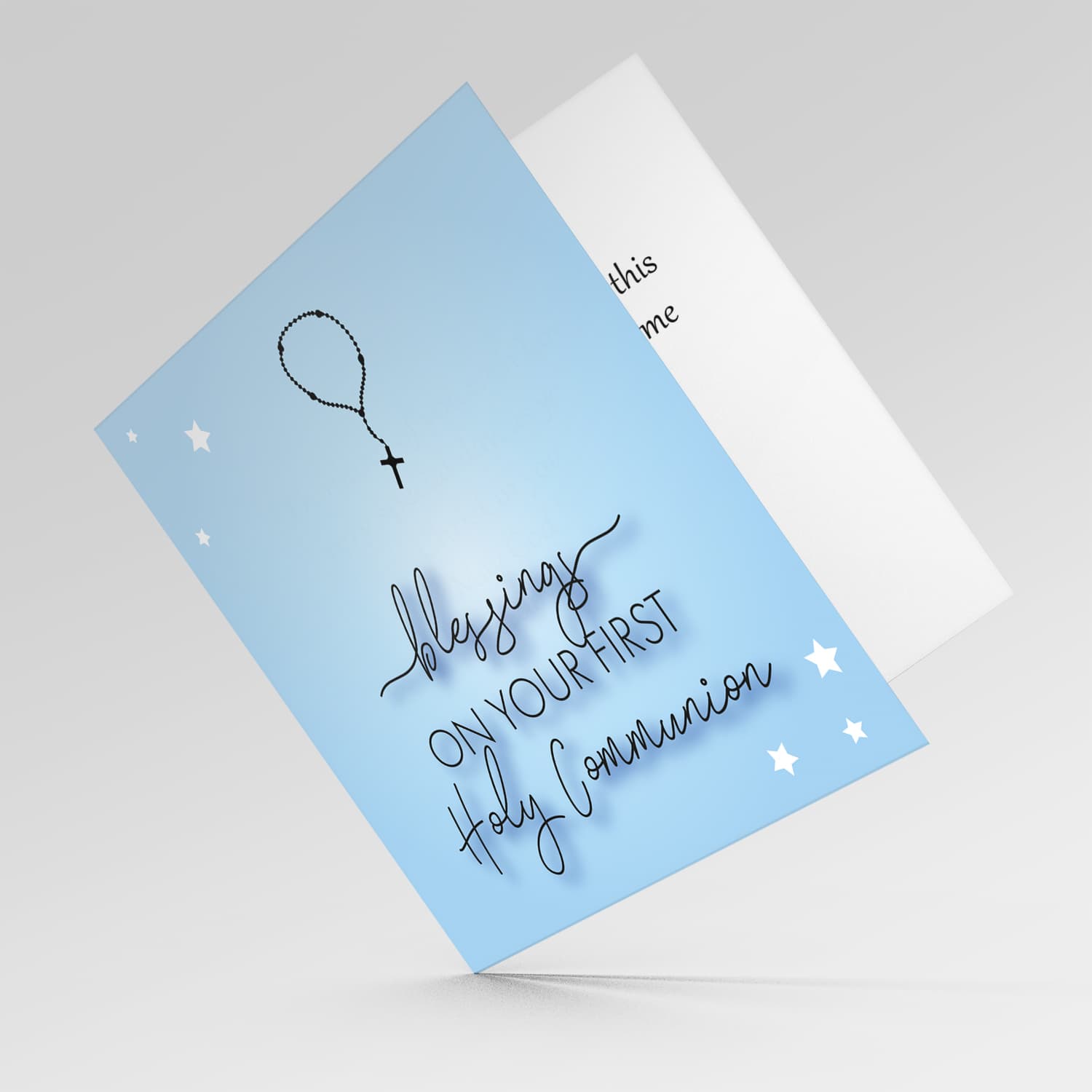 Blue background Holy Communion Card with rosary beads in English