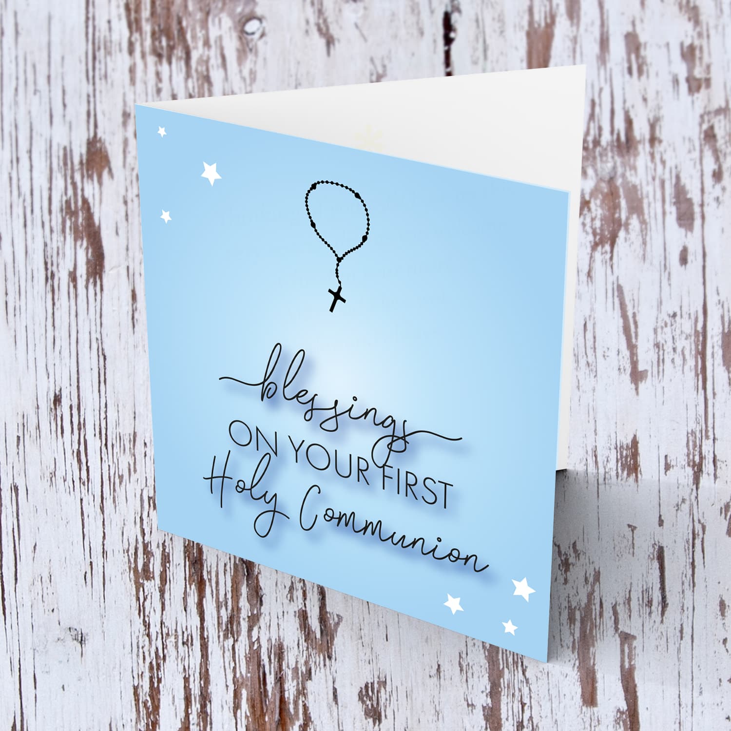 Blue background Holy Communion Card with rosary beads in English