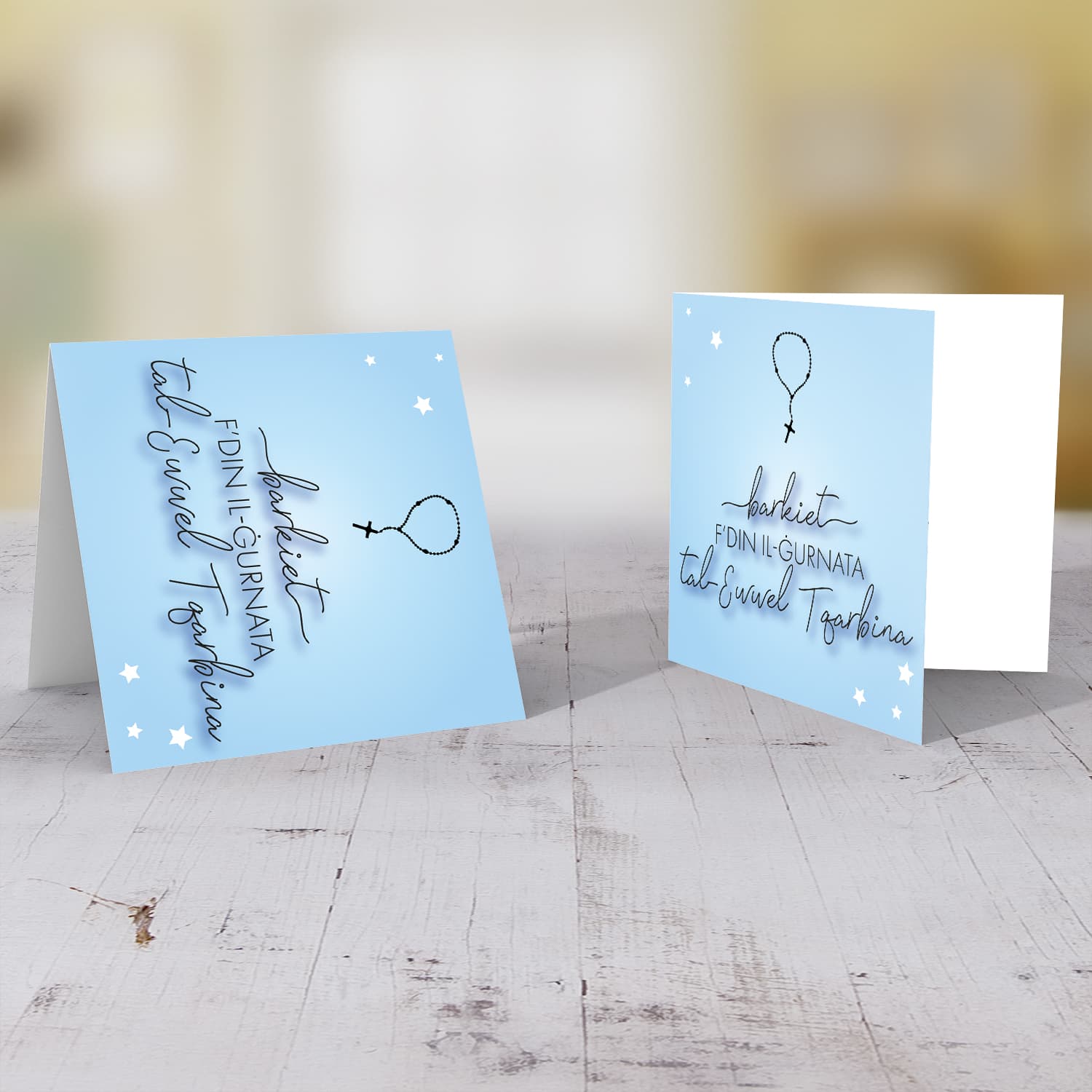 Blue background Holy Communion Card with rosary beads in Maltese