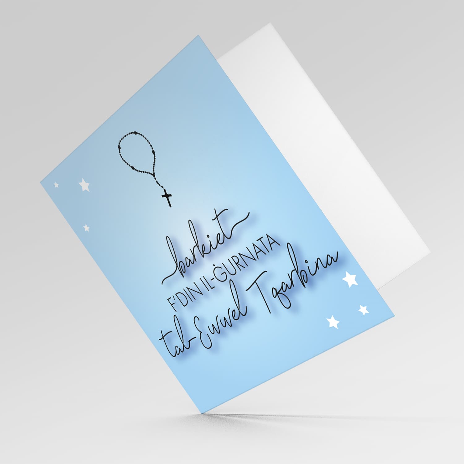 Blue background Holy Communion Card with rosary beads in Maltese