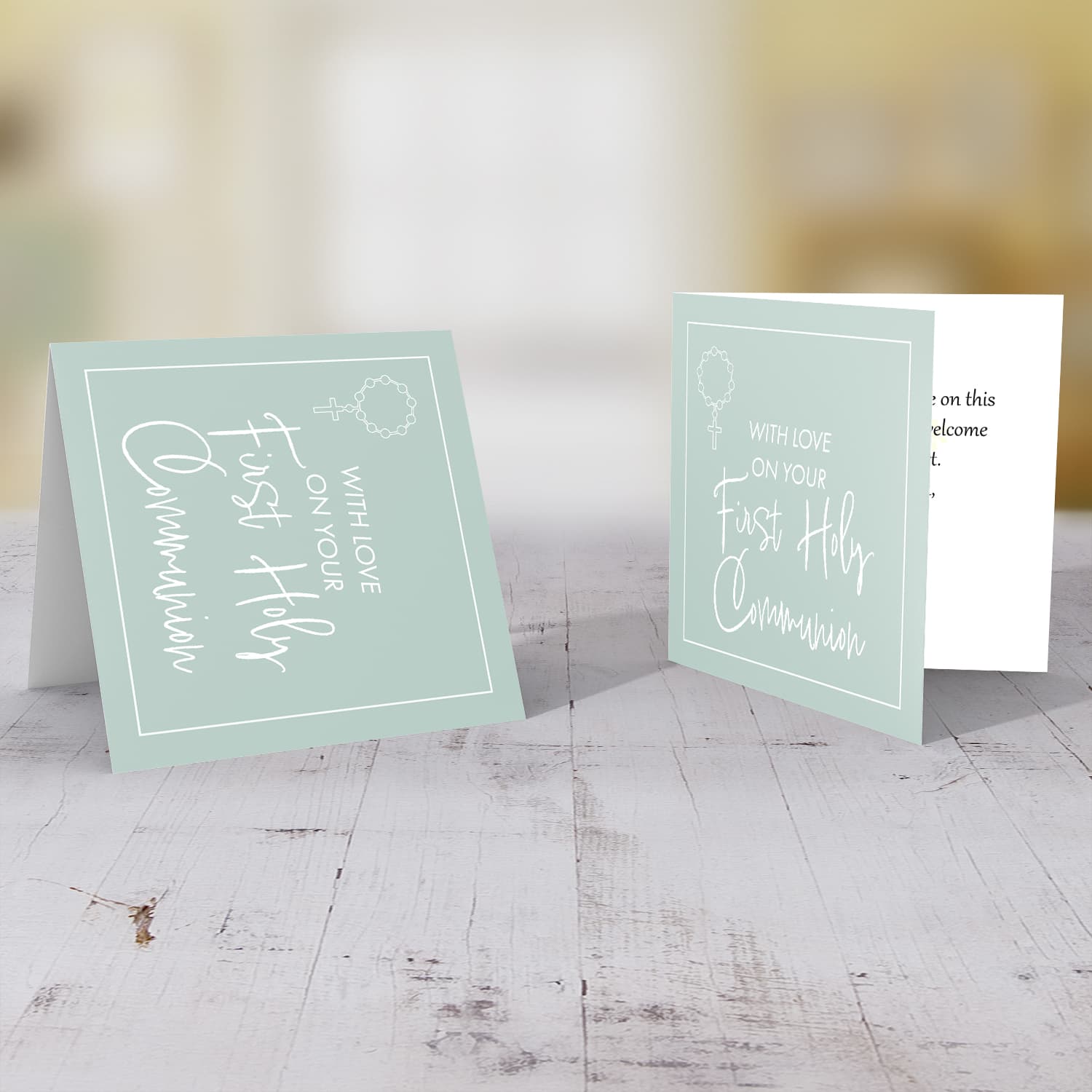 Light green background unisex Holy Communion Card in English with rosary beads