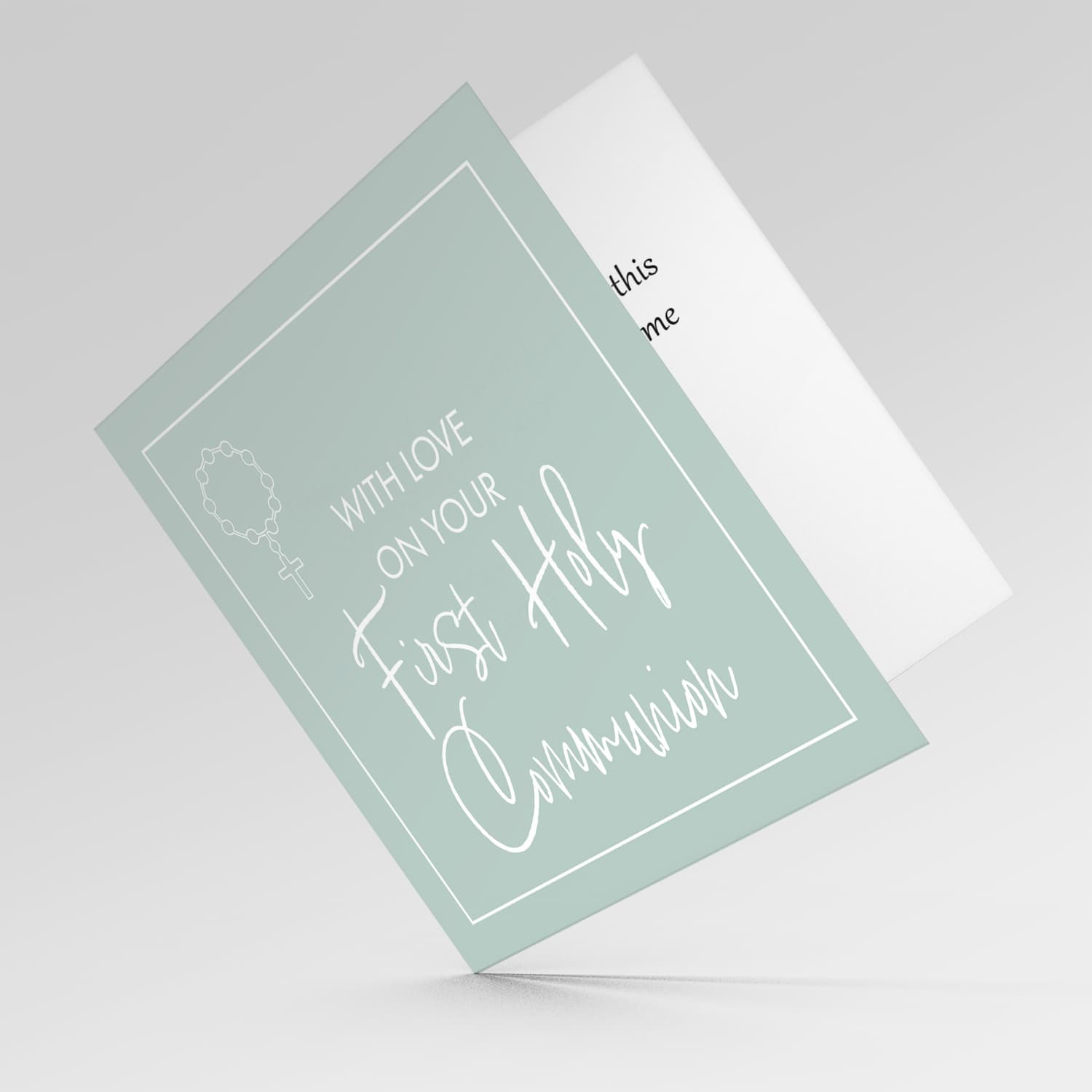Light green background unisex Holy Communion Card in English with rosary beads