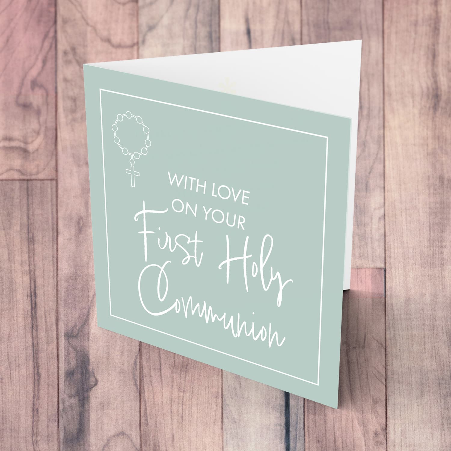 Light green background unisex Holy Communion Card in English with rosary beads