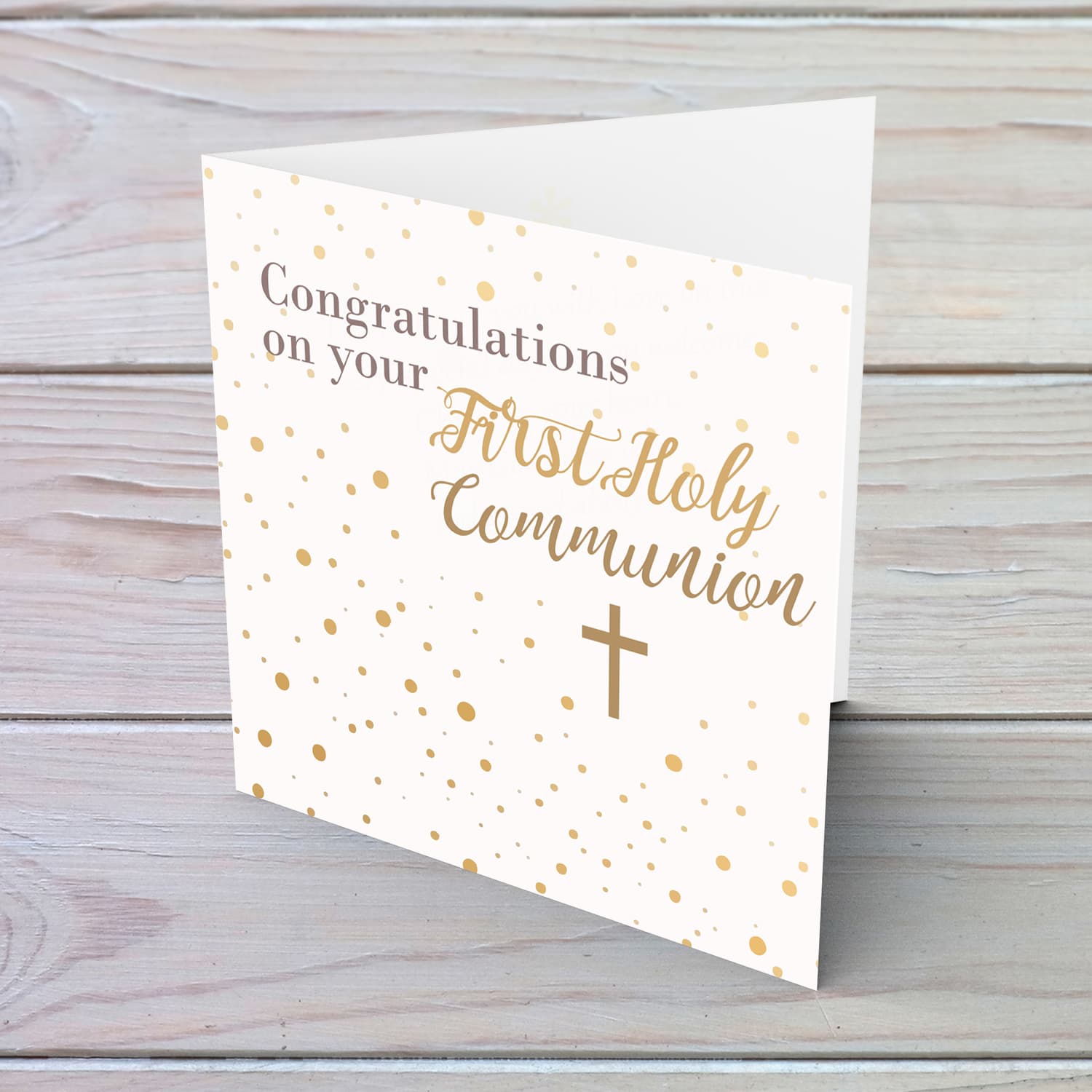 Gold tones Holy Communion card in English with the holy cross