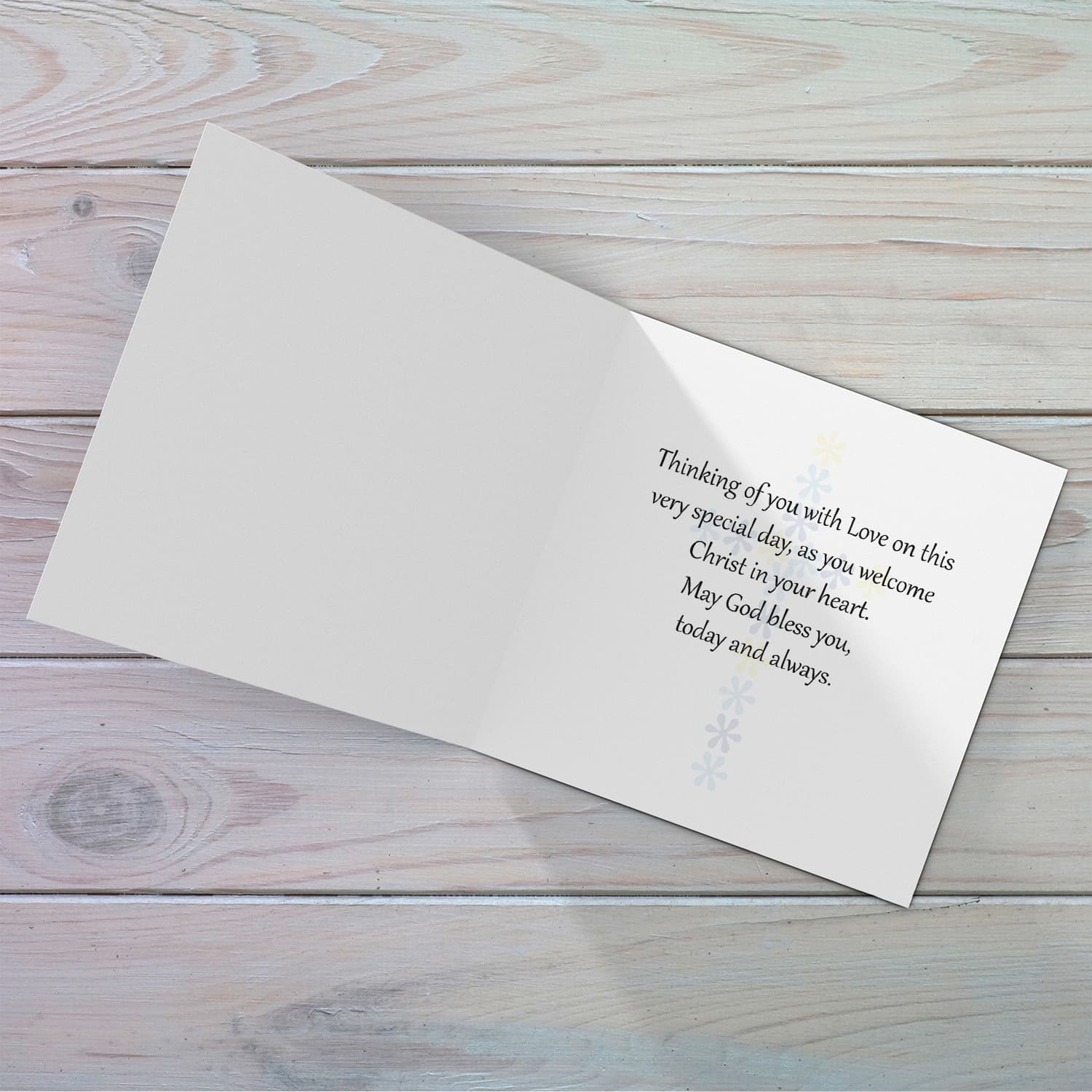 Gold tones Holy Communion card in English with the holy cross