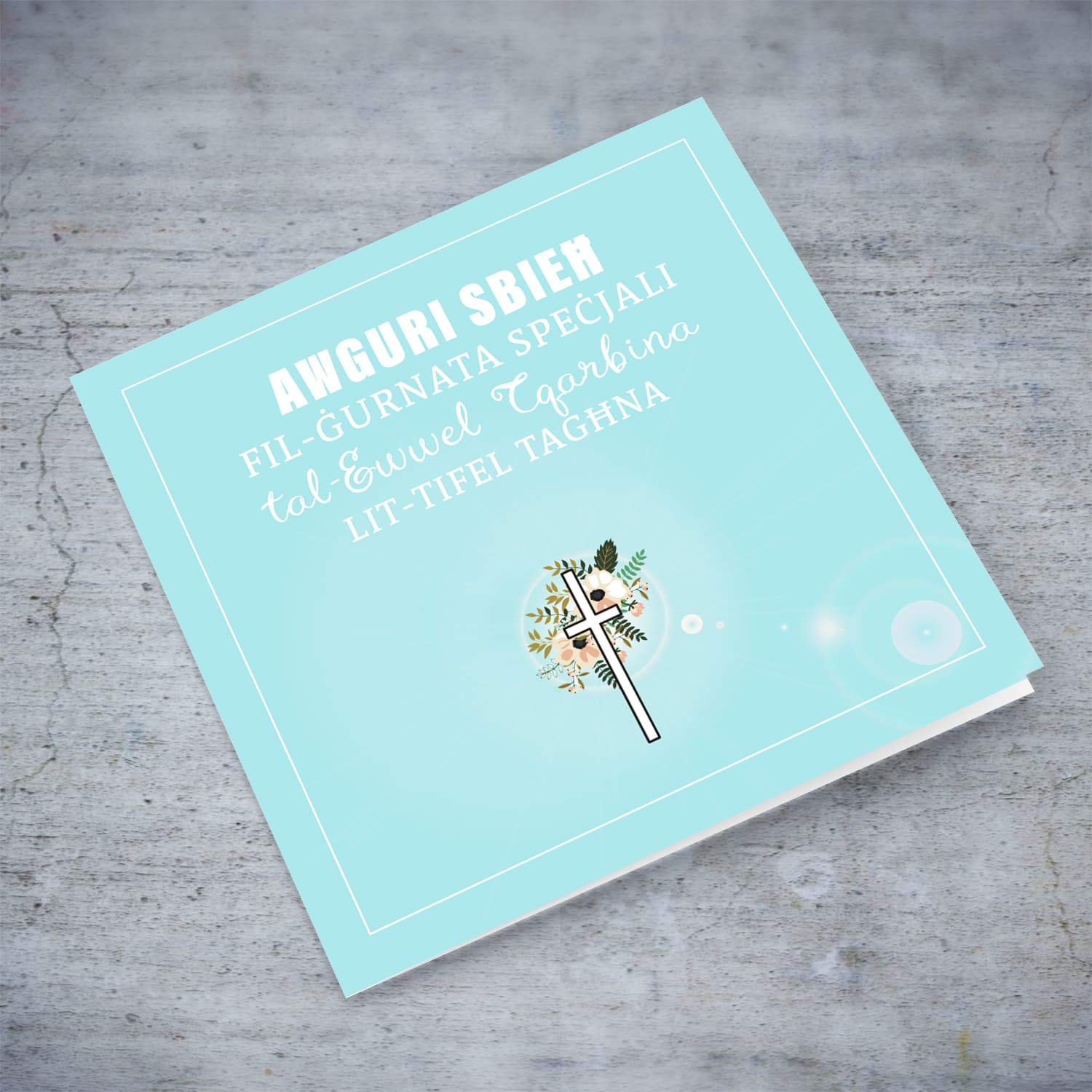 Son - Light blue with cross and florals Holy Communion Card in Maltese for Son (plural)