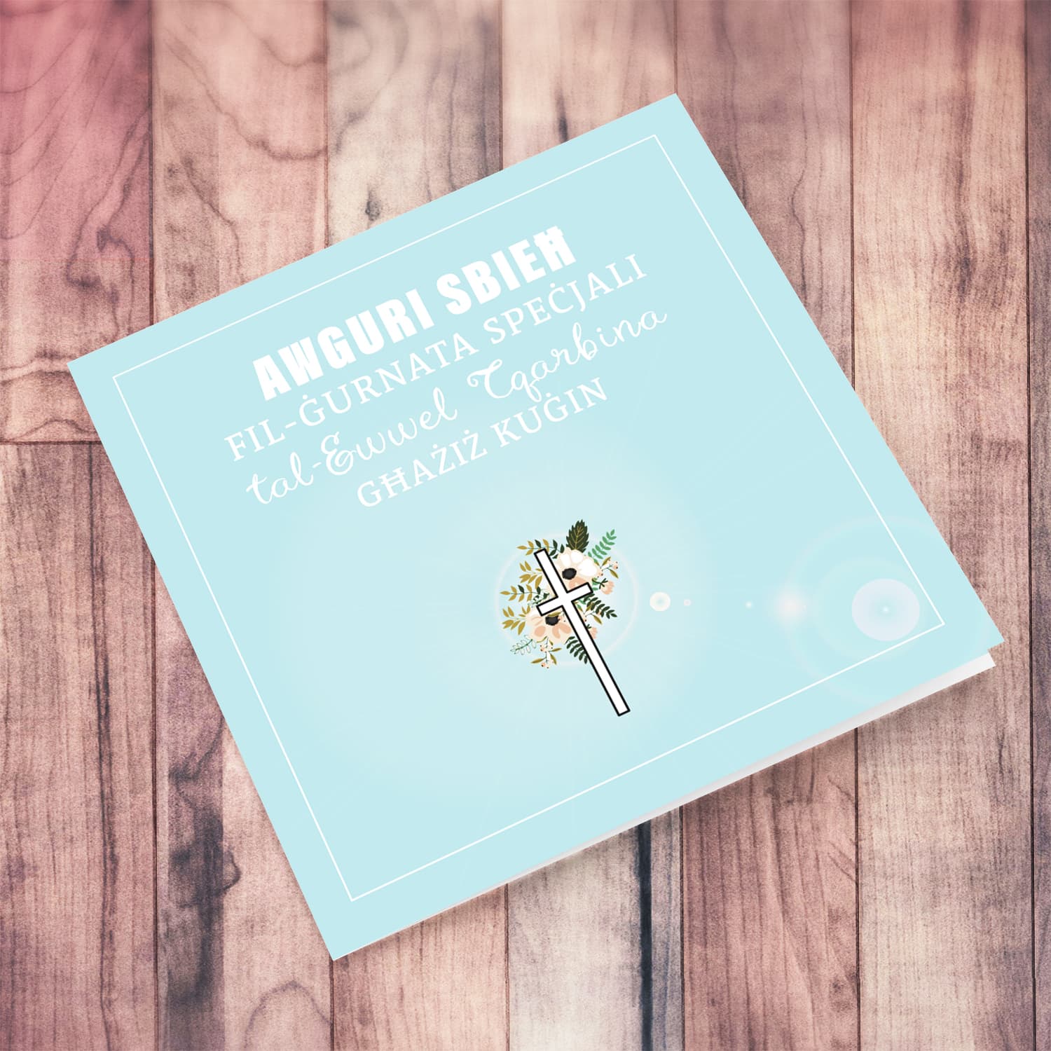 Cousin - Light blue with cross and florals Holy Communion Card in Maltese for cousin