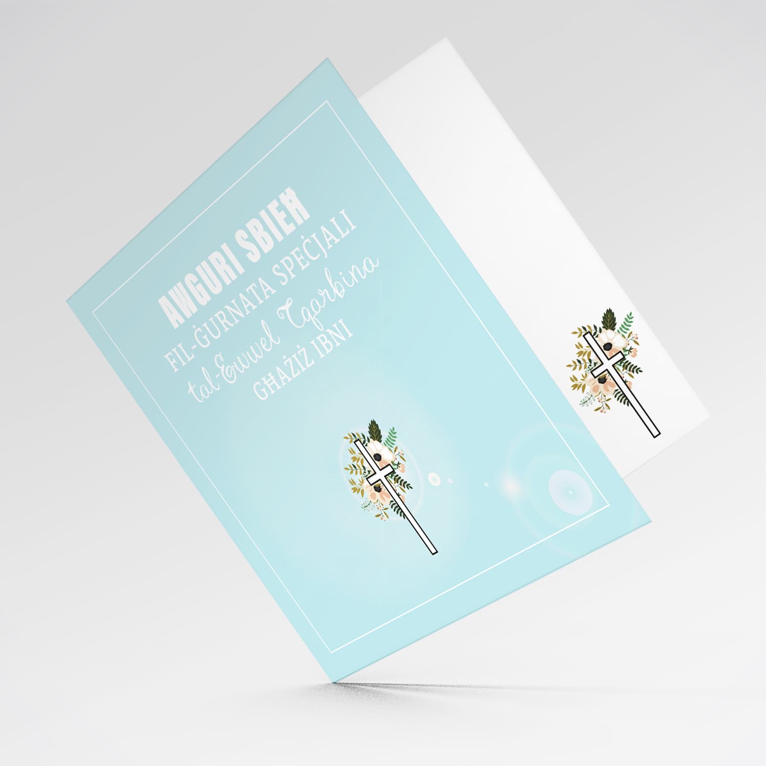 Son - Light blue with cross and florals Holy Communion Card in Maltese for son (Singular) 
