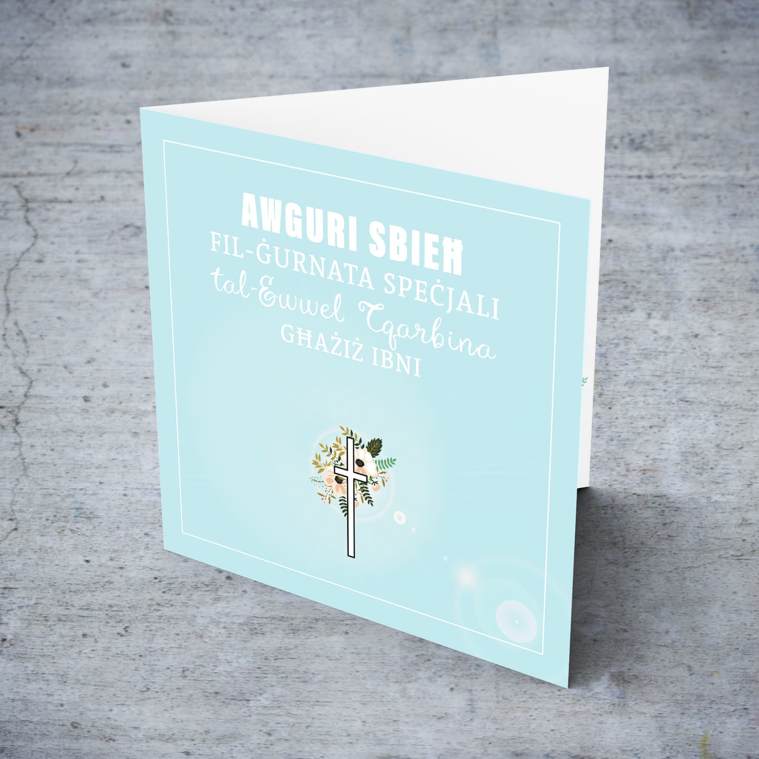 Son - Light blue with cross and florals Holy Communion Card in Maltese for son (Singular) 