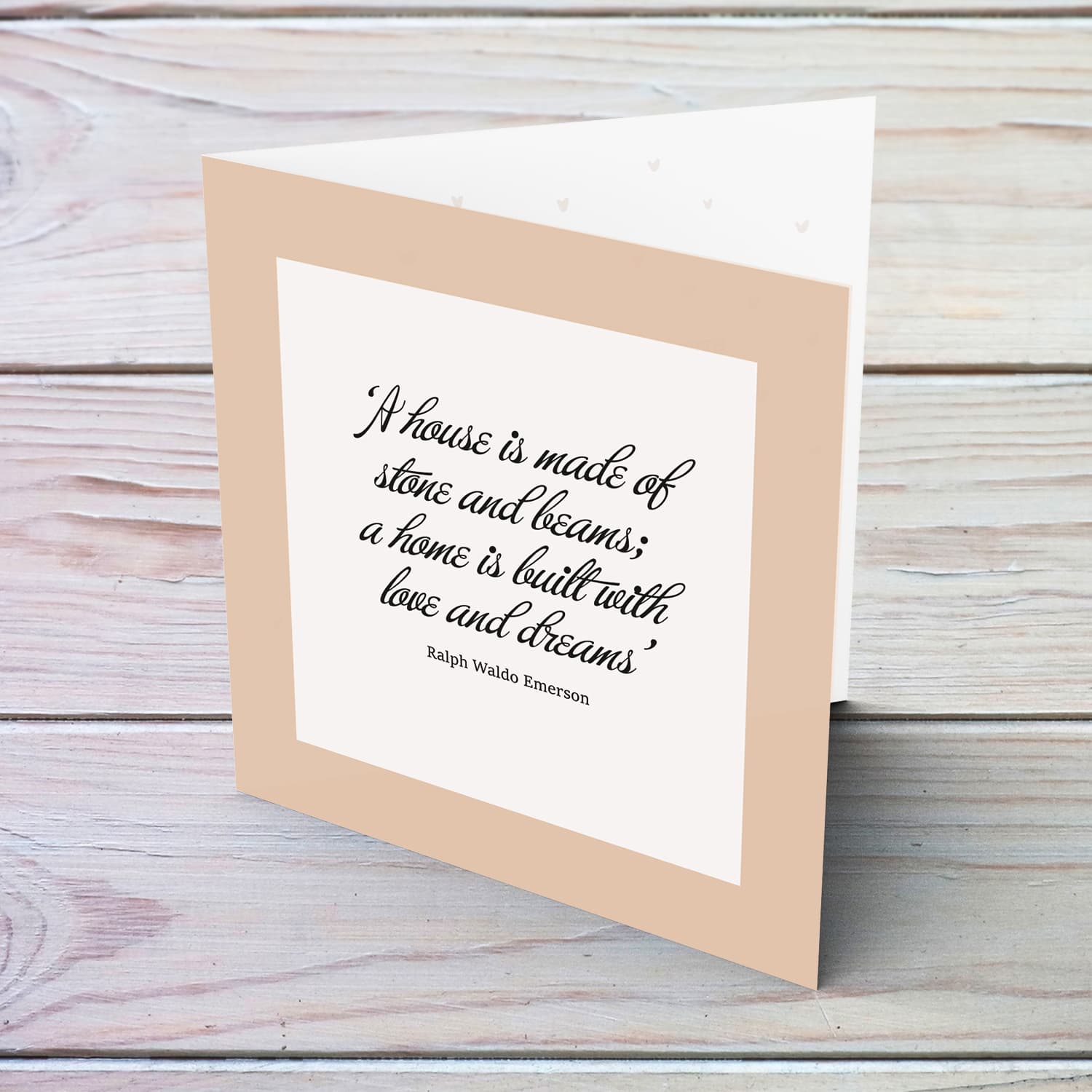New home wishes card with famous quote from Ralph Waldo Emerson in a plain backgroudn and border in neutral colours in English