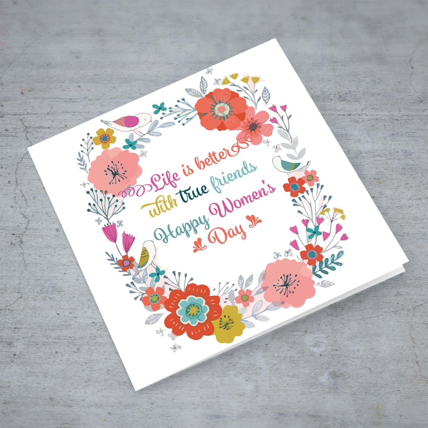 Colourful floral happy women's day card in English