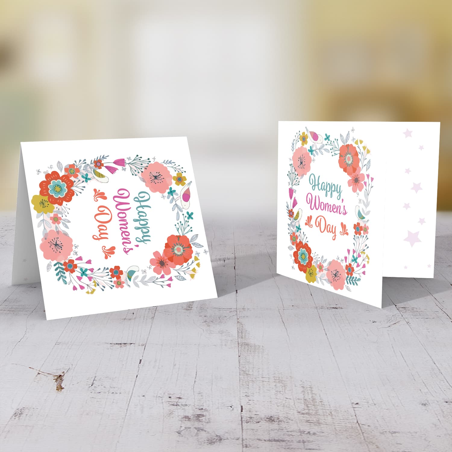 Colourful florals happy women's day card in English