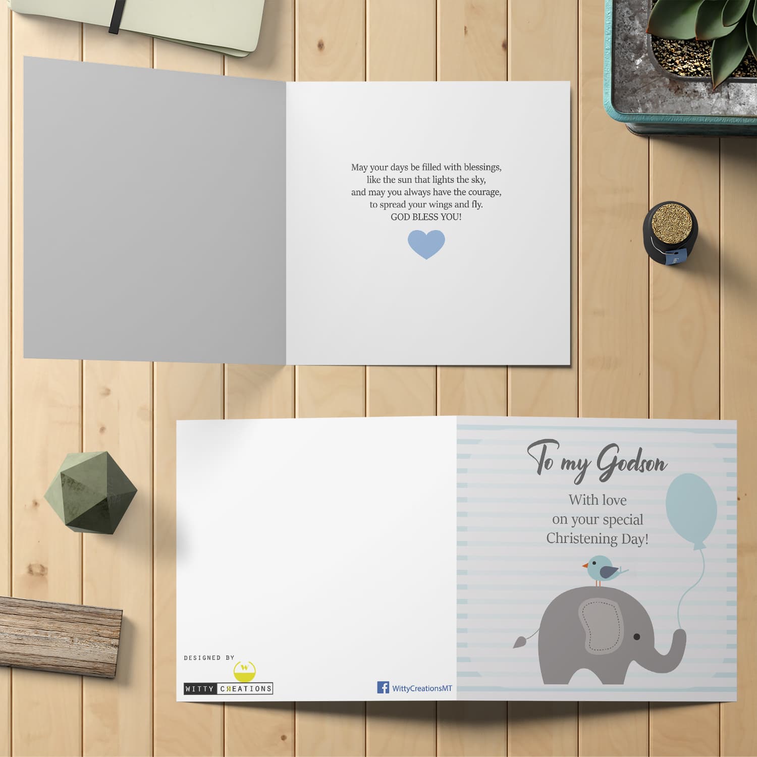 Elephant themed baptism card for godson in English