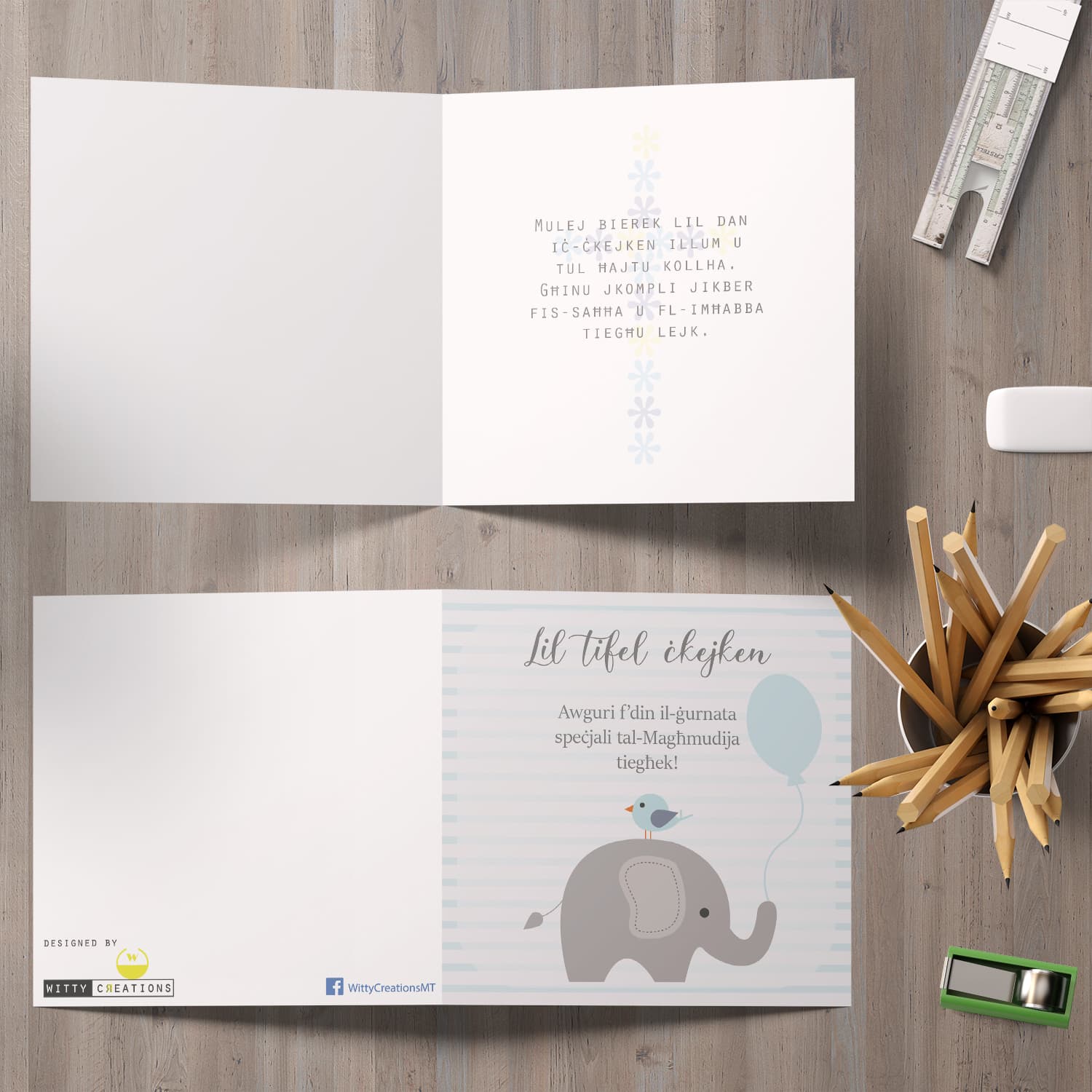 Elephant with bird holding blue baloon, with striped background baptism card in Maltese