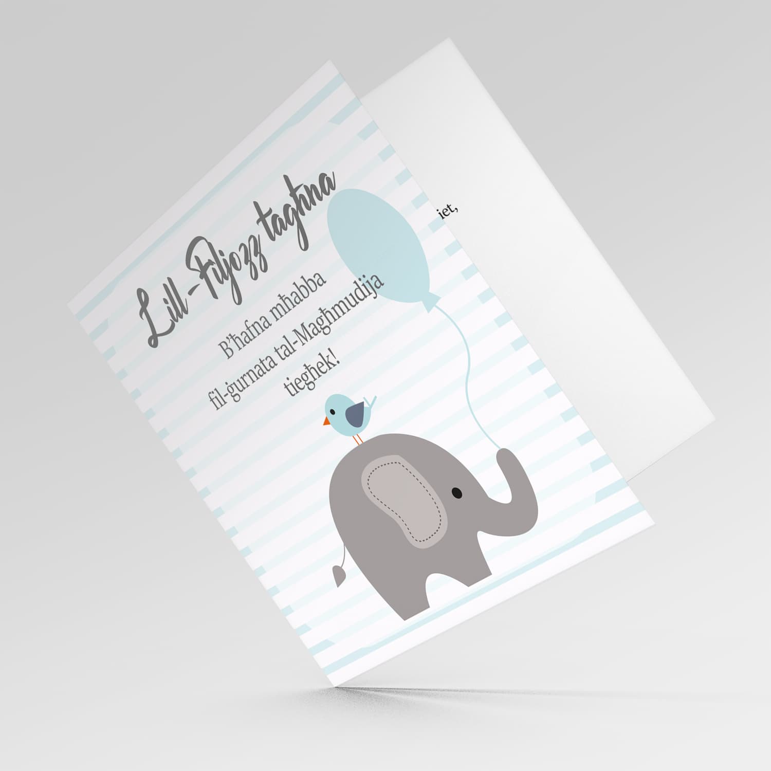 Elephant themed baptism card for godson in Maltese