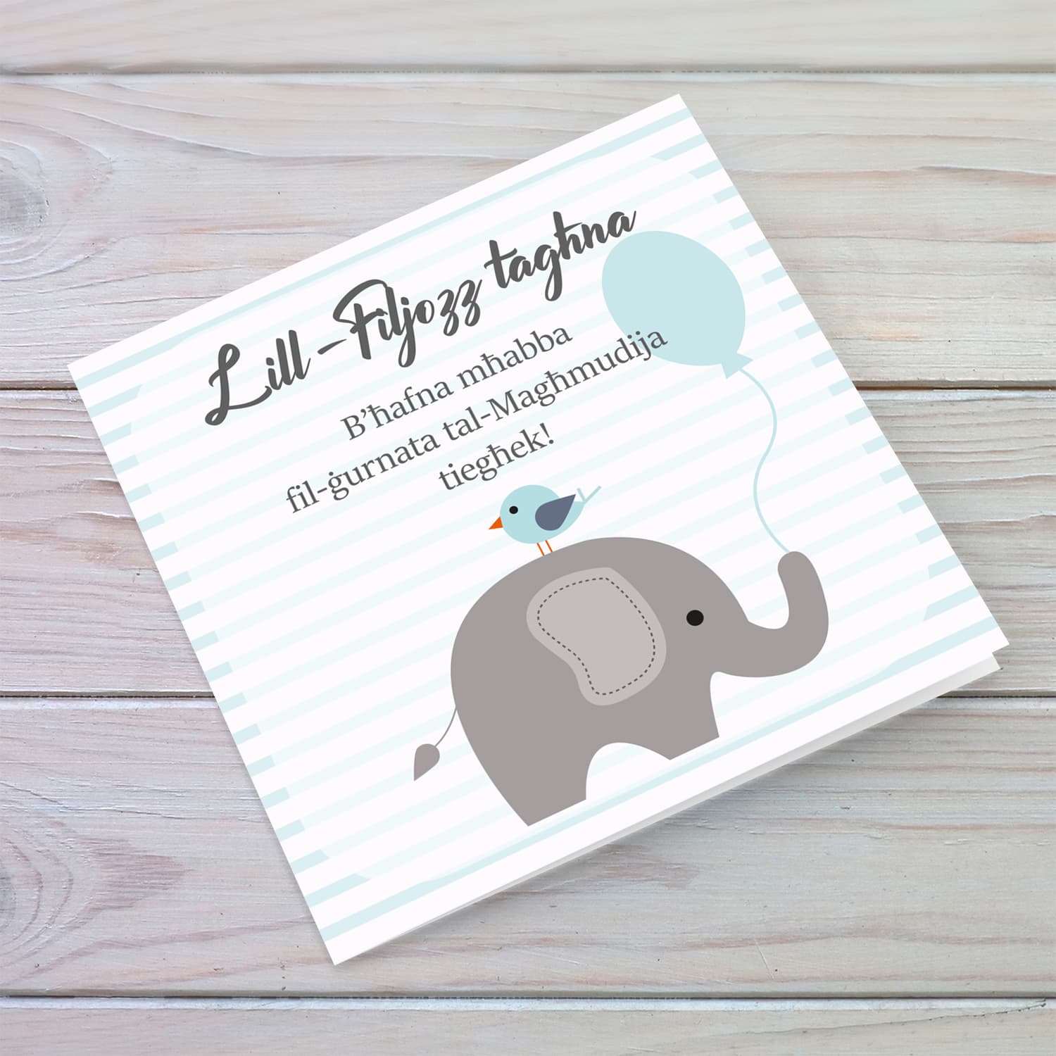 Elephant themed baptism card for godson in Maltese